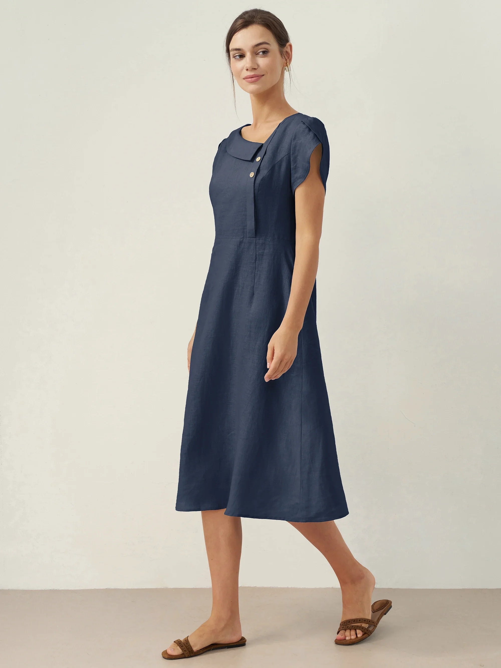 100% Leinen Halbmondkragen Flatterärmel Midi Kleid FIONA
