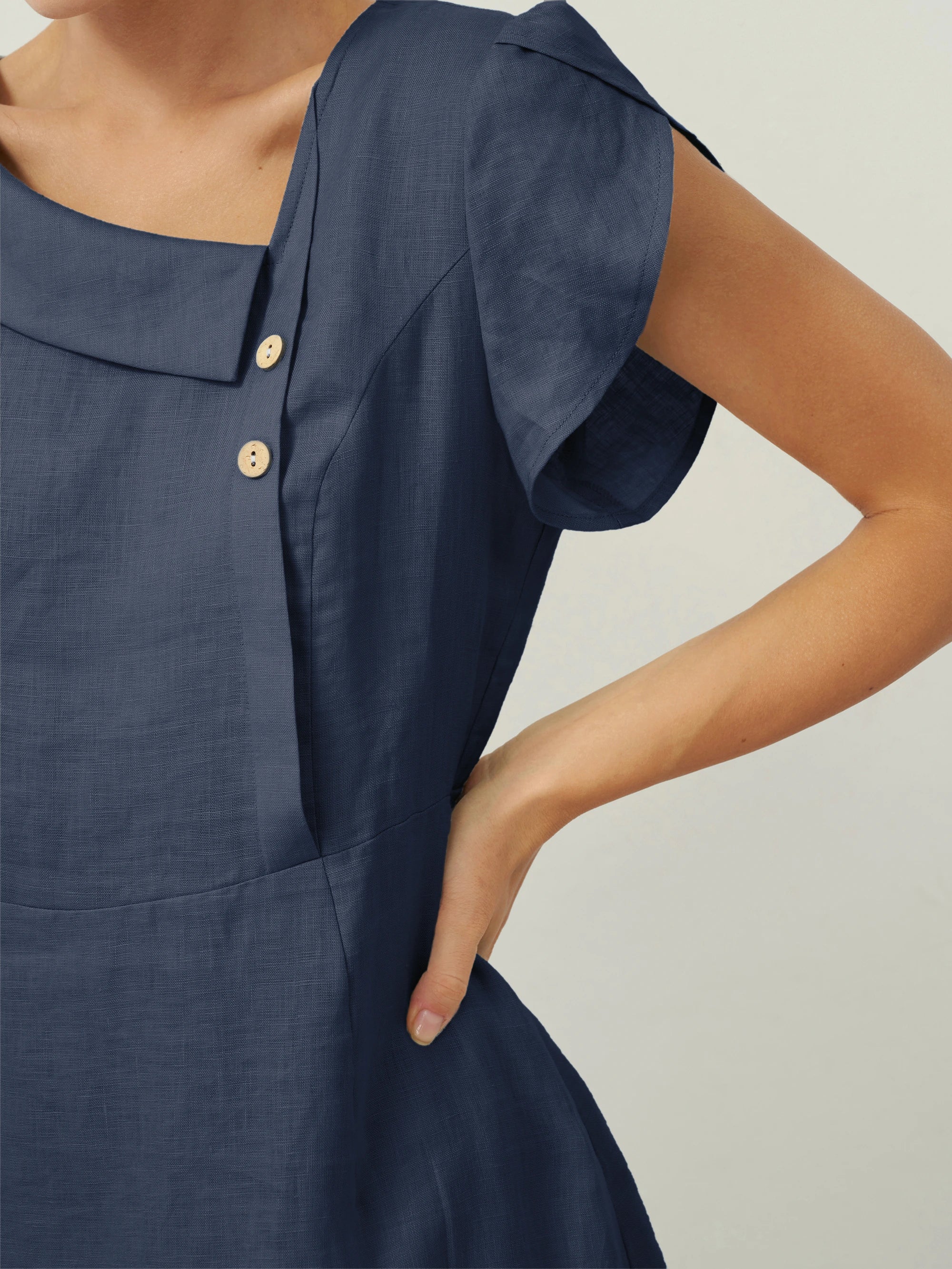 100% Leinen Halbmondkragen Flatterärmel Midi Kleid FIONA