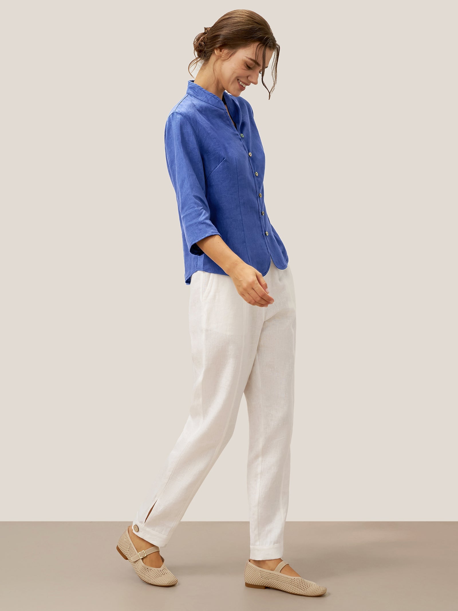 100% Leinen Handknopf Fitted Jacke AMELIA