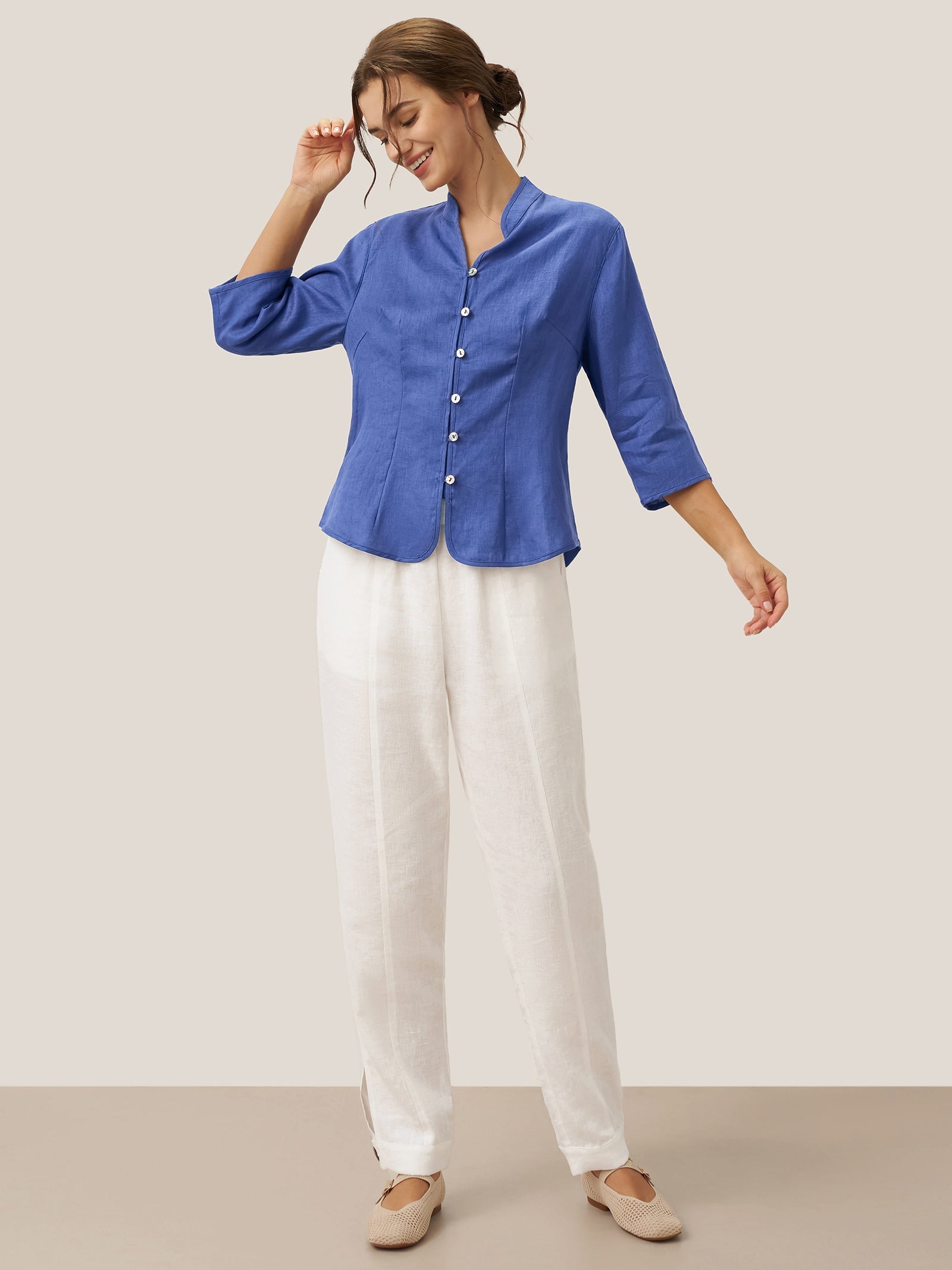 100% Leinen Handknopf Fitted Jacke AMELIA