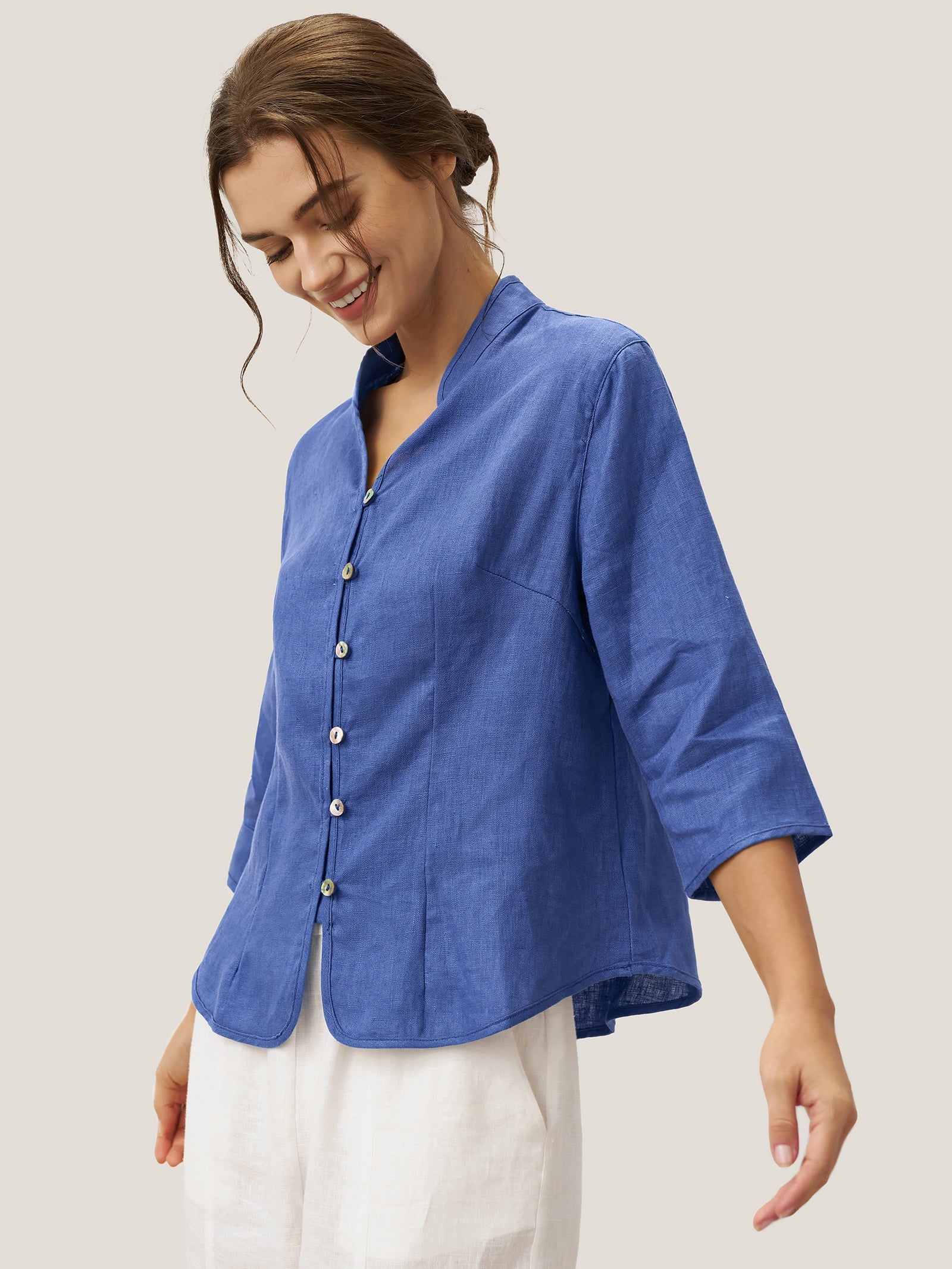 100% Leinen Handknopf Fitted Jacke AMELIA