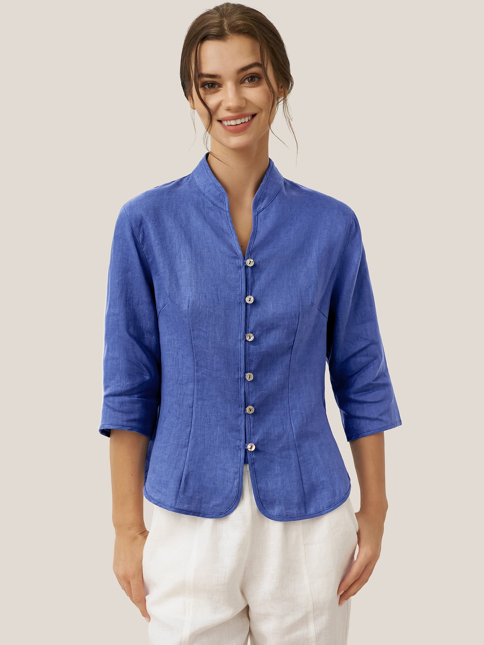 100% Leinen Handknopf Fitted Jacke AMELIA