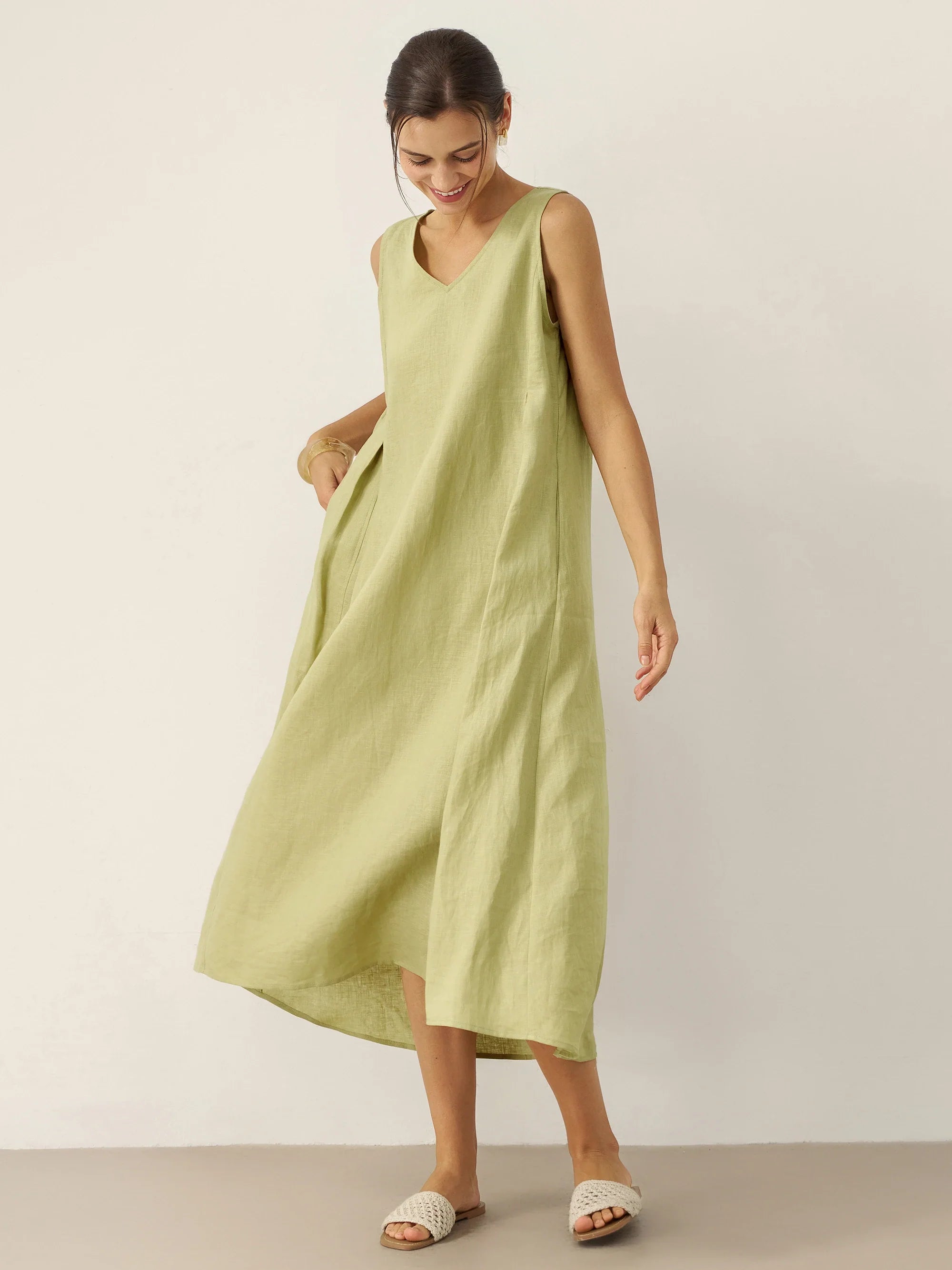 100% Leinen Ärmelloses A-Linien Maxikleid TARA