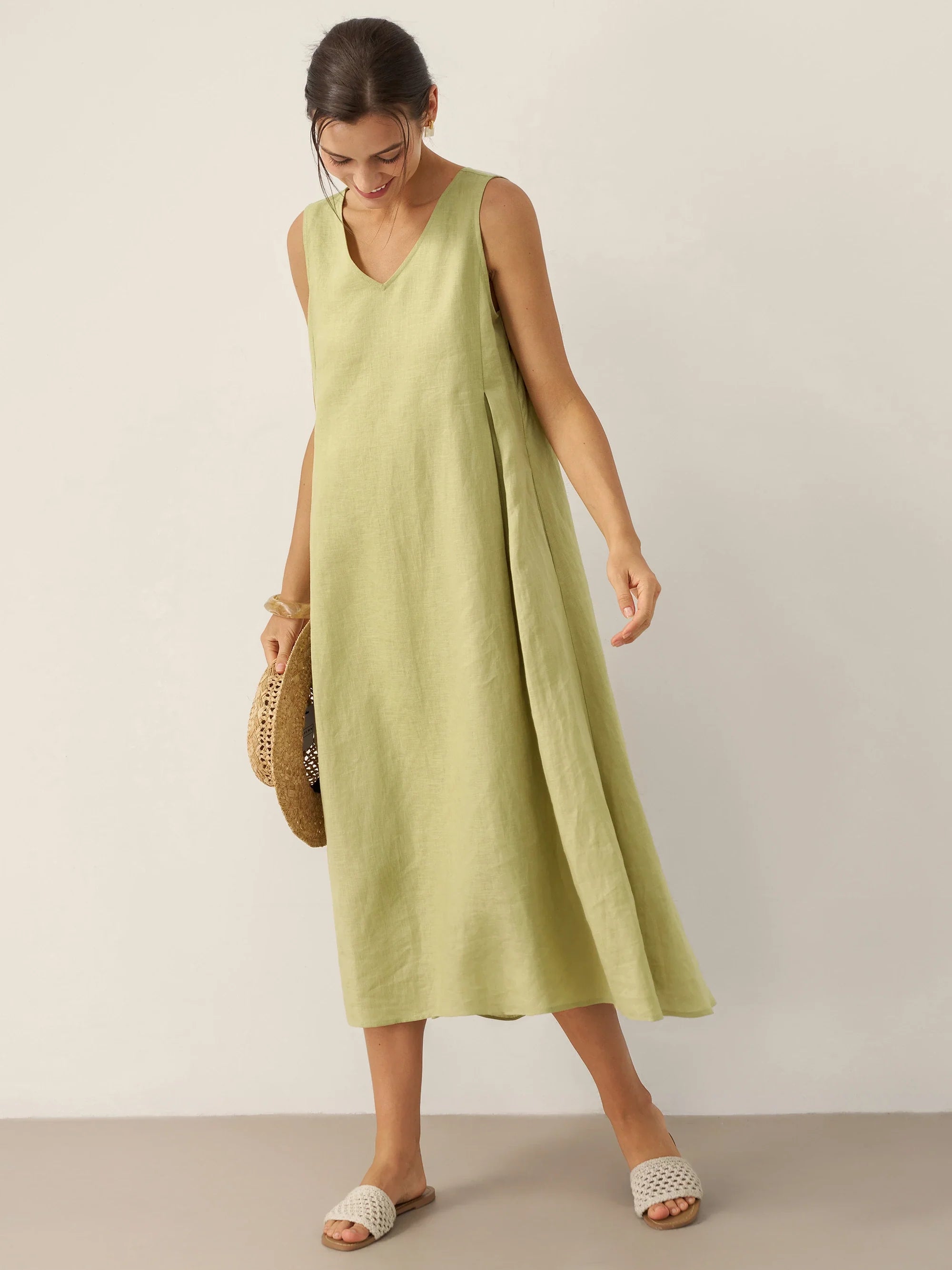100% Leinen Ärmelloses A-Linien Maxikleid TARA
