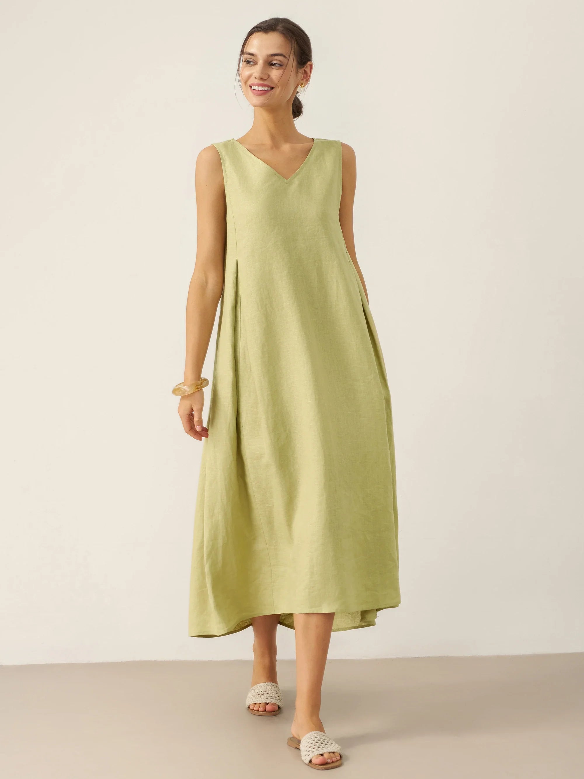 100% Leinen Ärmelloses A-Linien Maxikleid TARA