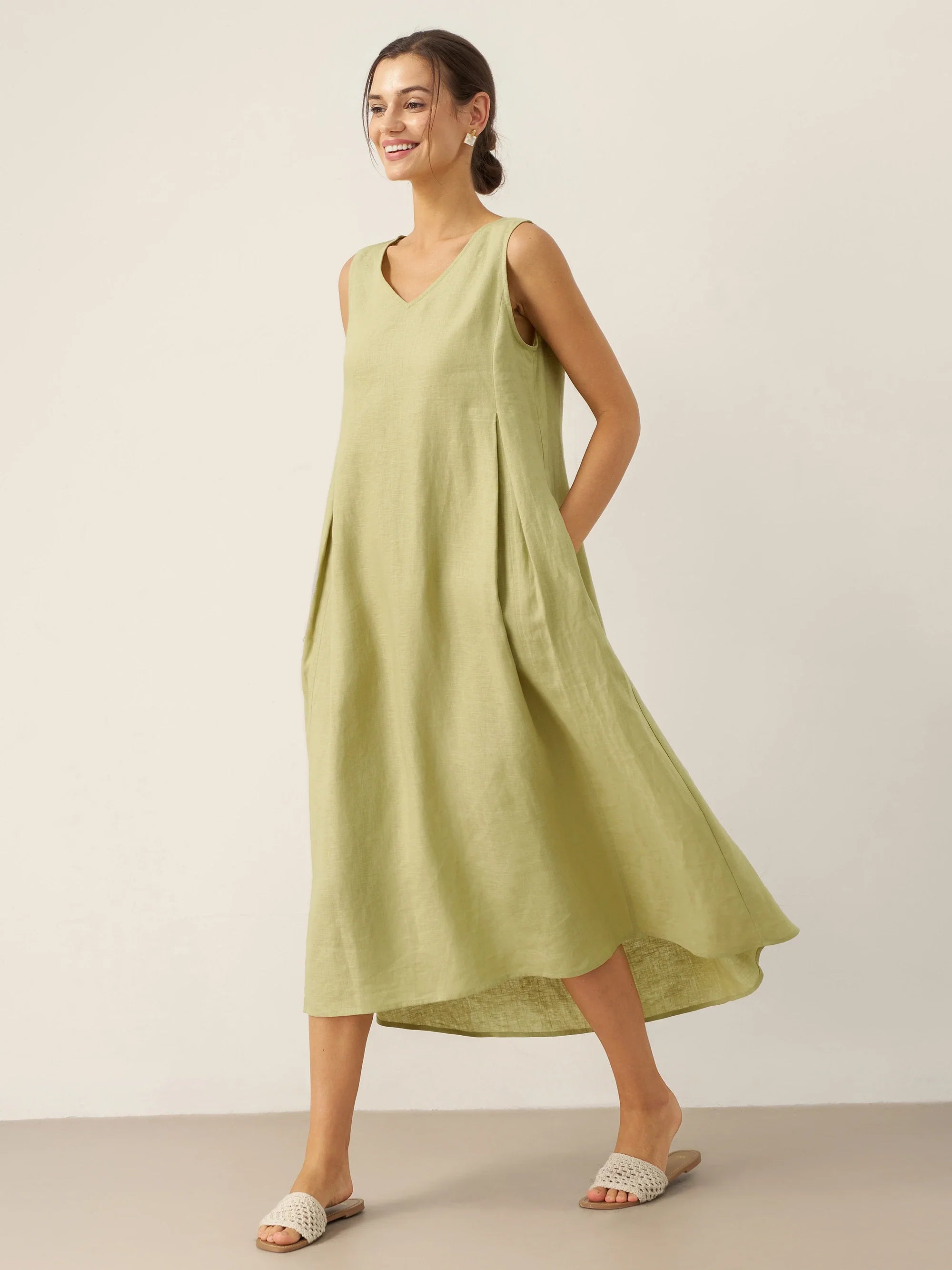 100% Leinen Ärmelloses A-Linien Maxikleid TARA