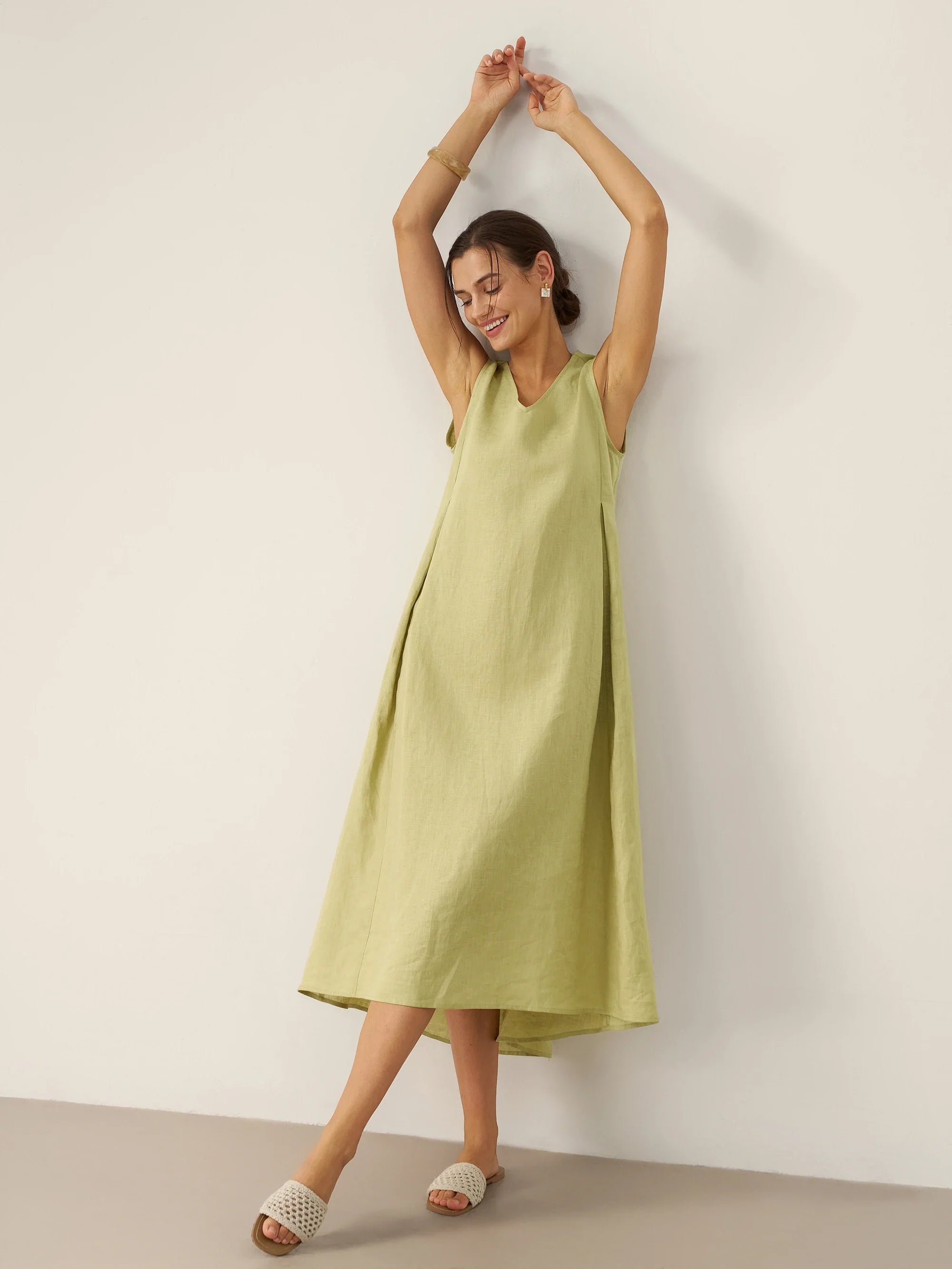 100% Leinen Ärmelloses A-Linien Maxikleid TARA