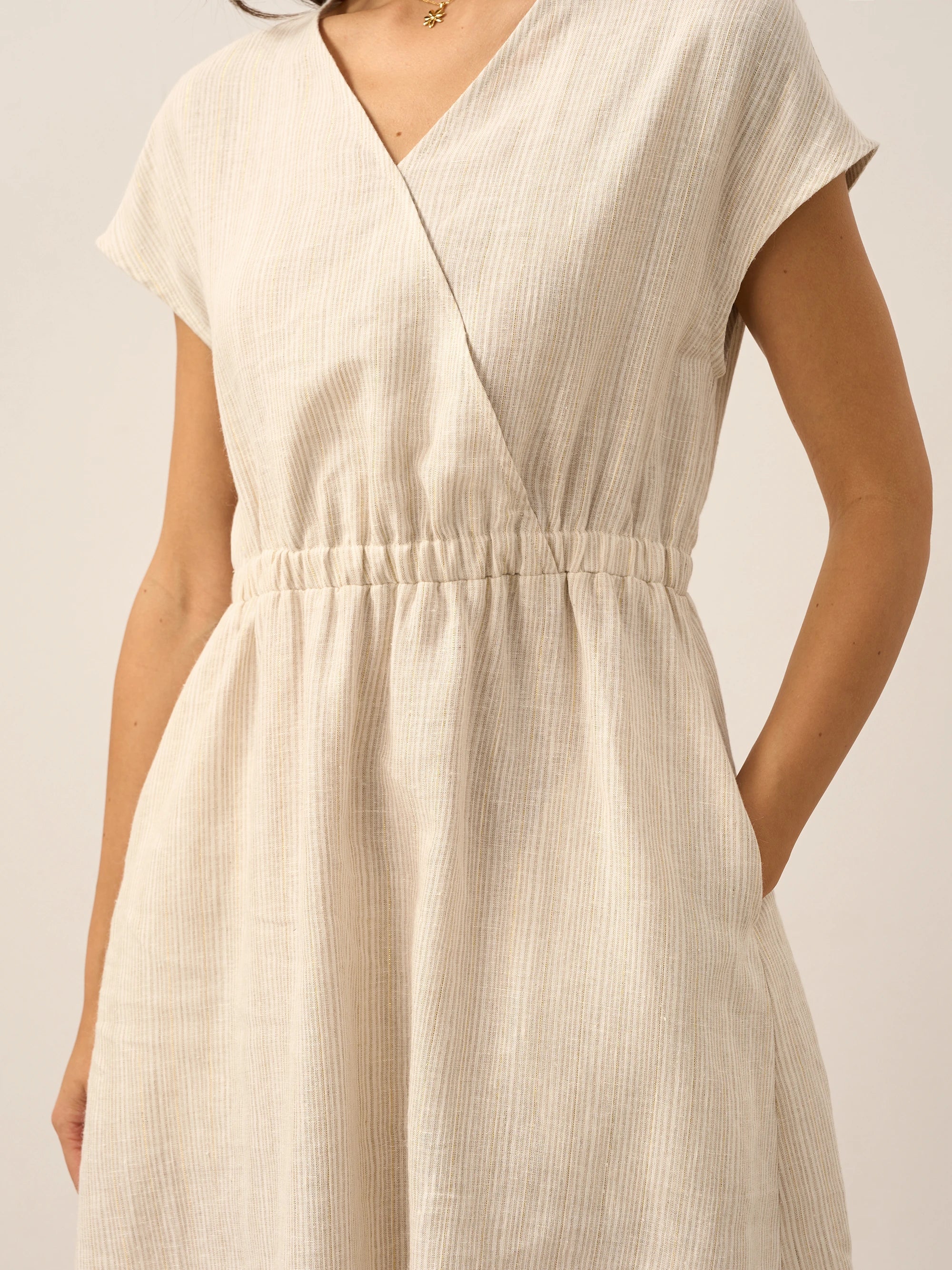 100 % Leinen gestreiftes Midi-Kleid mit elastischem Bund ARIA