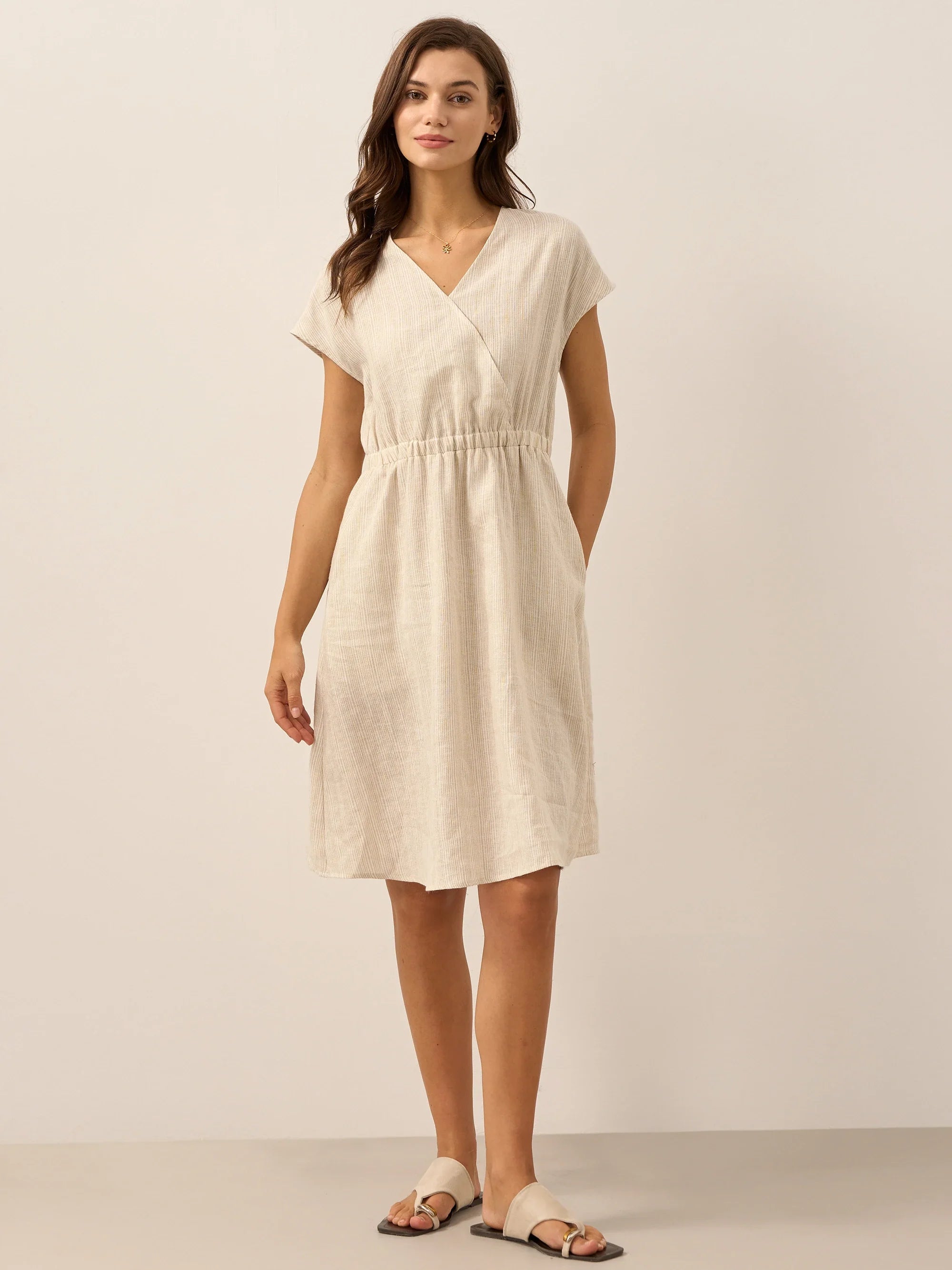 100 % Leinen gestreiftes Midi-Kleid mit elastischem Bund ARIA