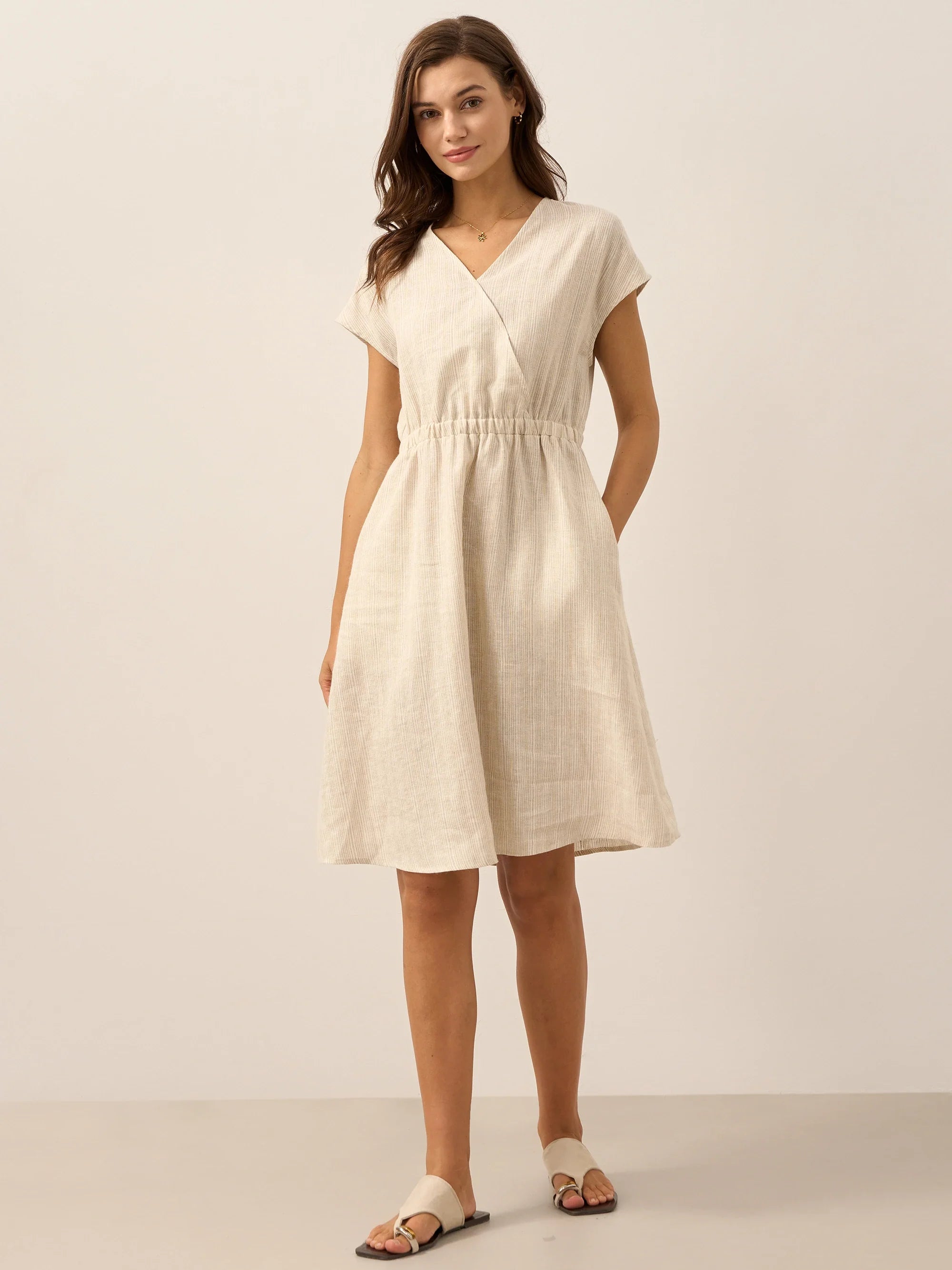 100 % Leinen gestreiftes Midi-Kleid mit elastischem Bund ARIA