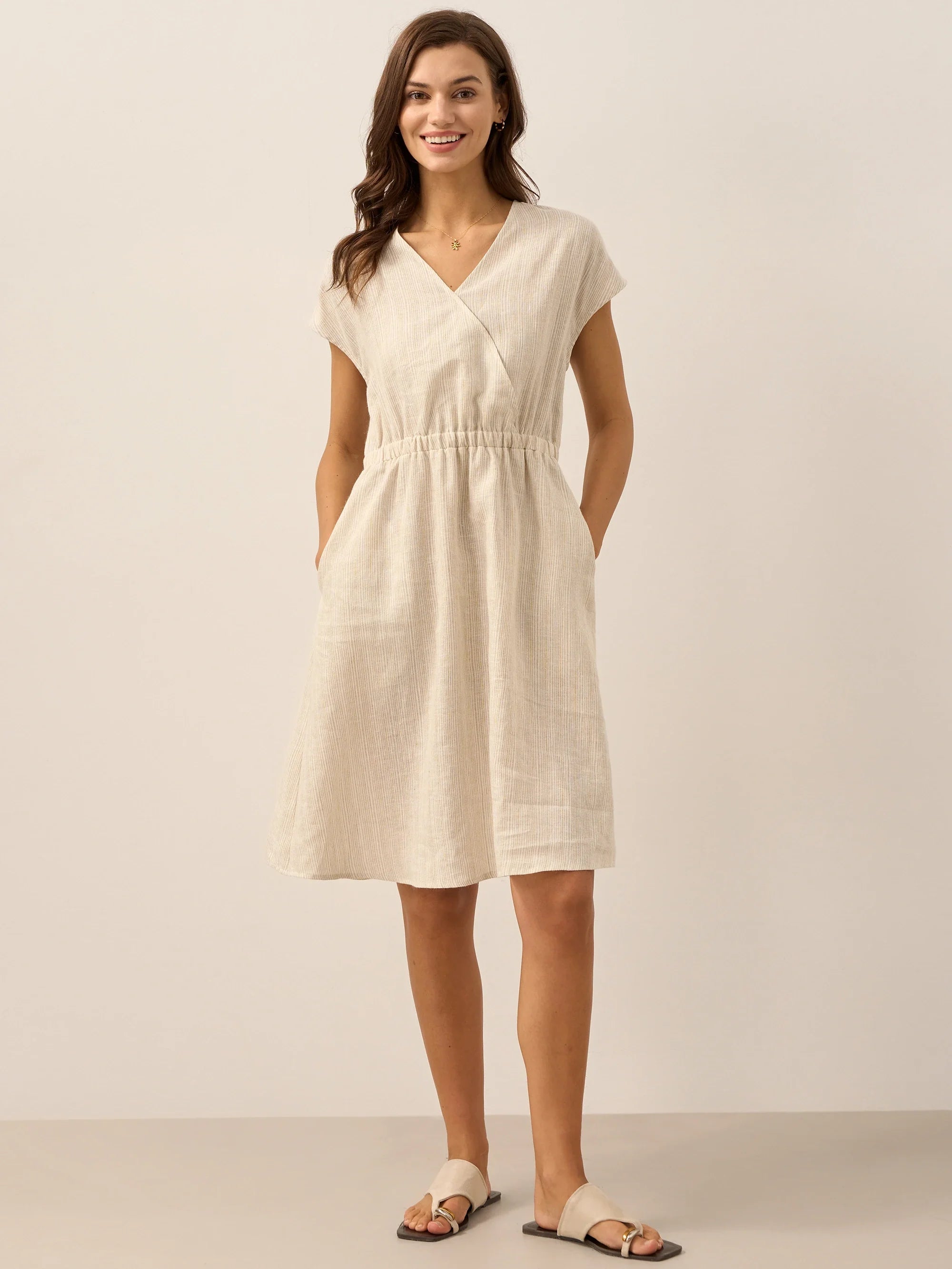 100 % Leinen gestreiftes Midi-Kleid mit elastischem Bund ARIA