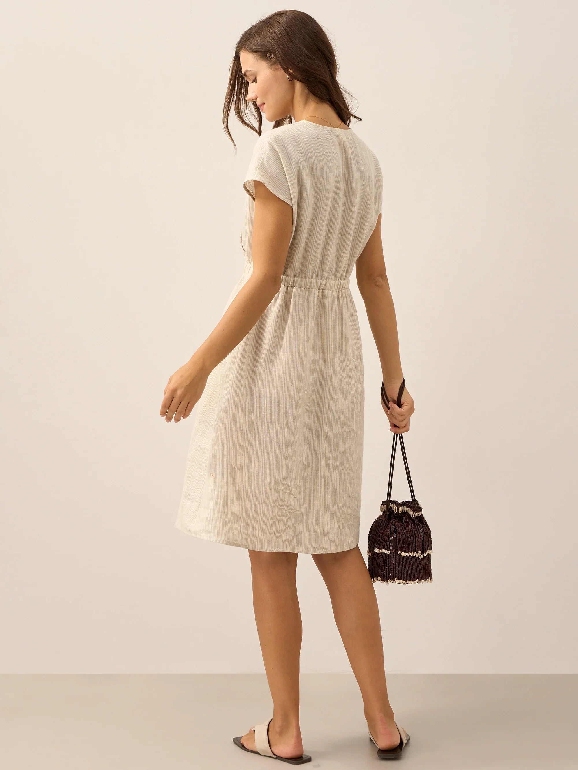100 % Leinen gestreiftes Midi-Kleid mit elastischem Bund ARIA