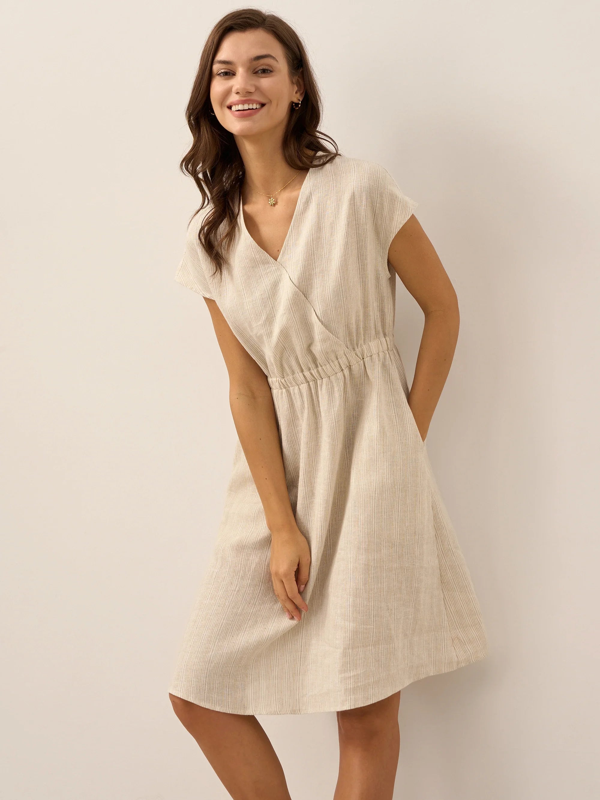 100 % Leinen gestreiftes Midi-Kleid mit elastischem Bund ARIA