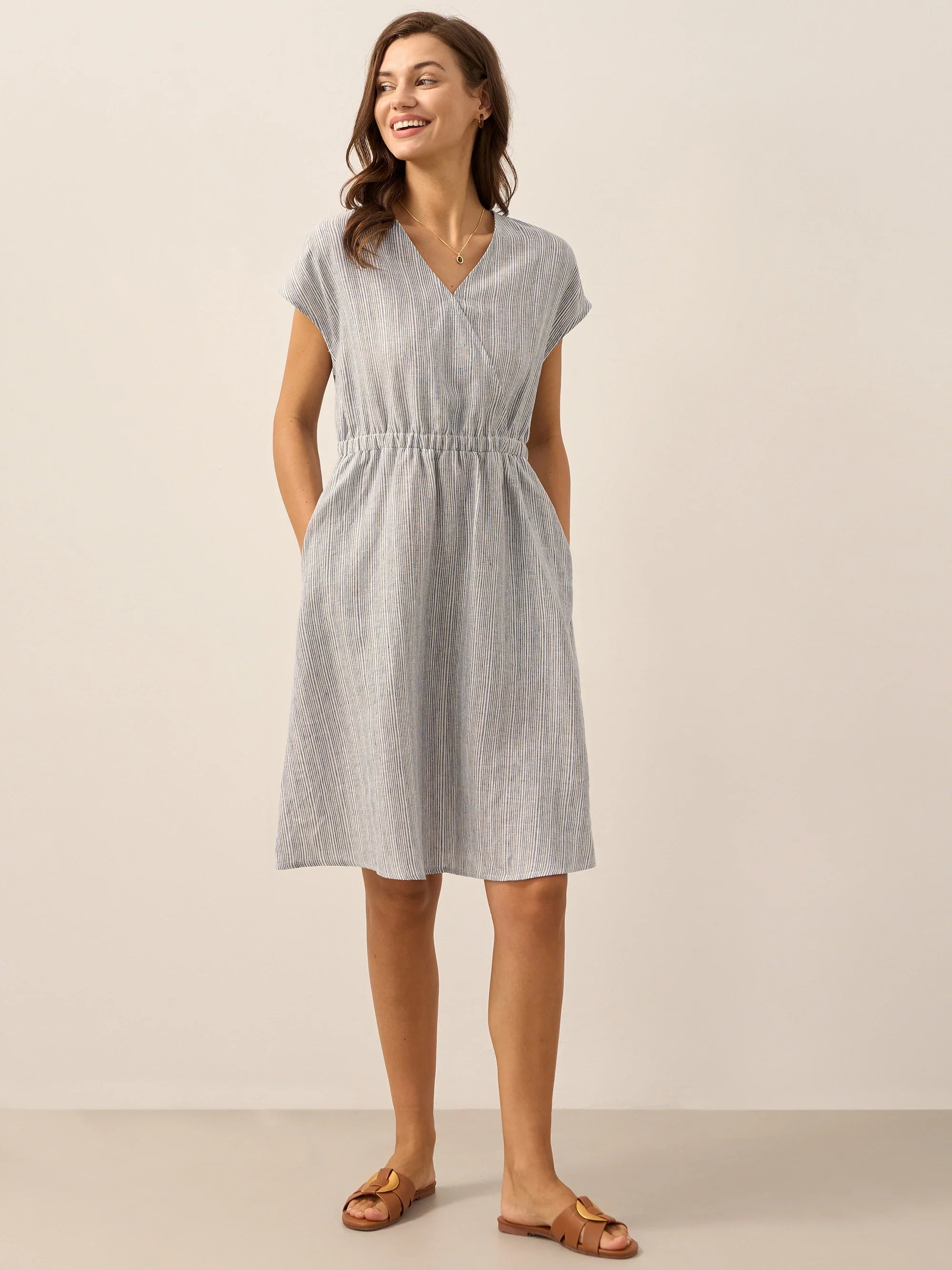 100 % Leinen gestreiftes Midi-Kleid mit elastischem Bund ARIA