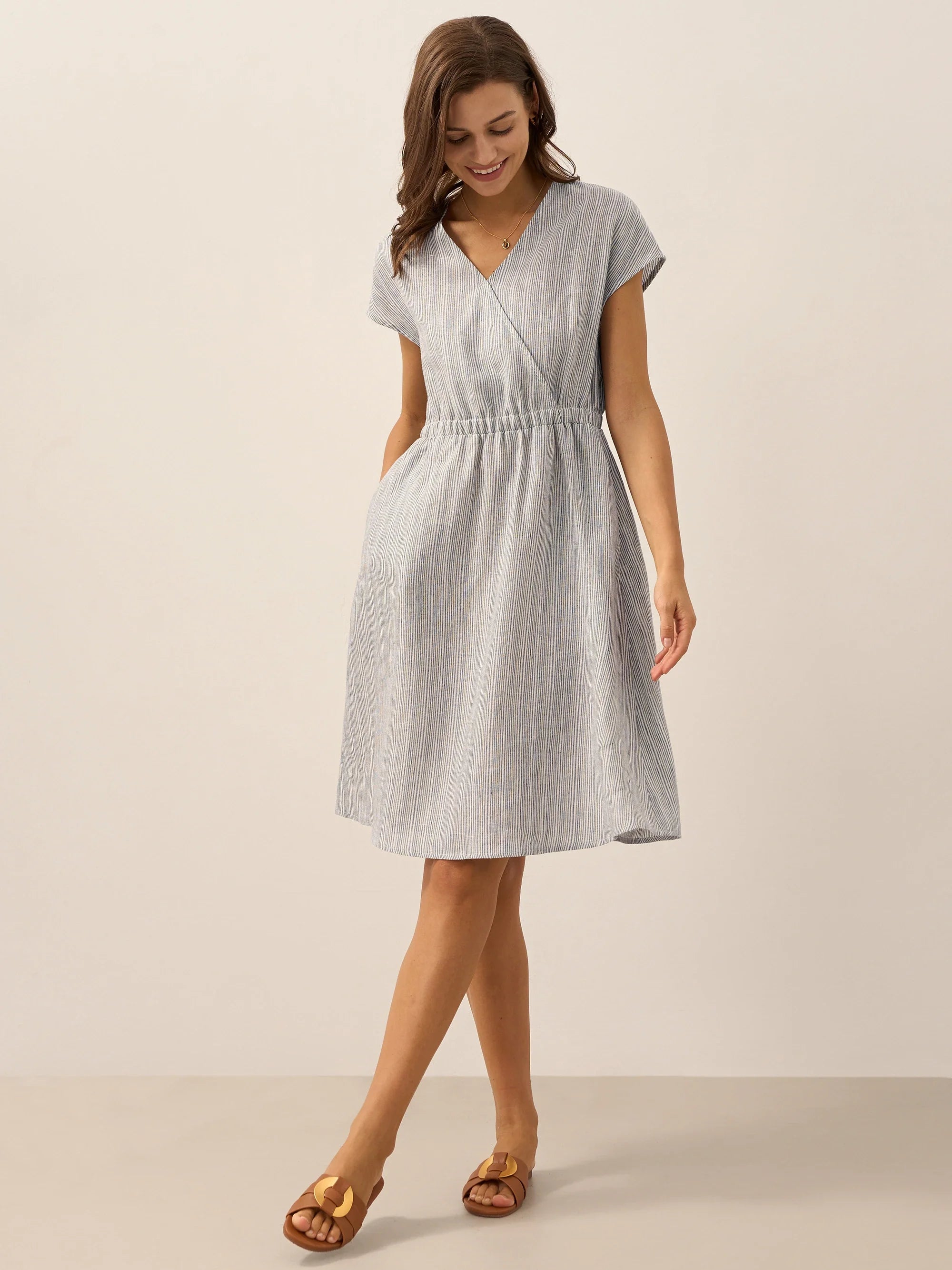 100 % Leinen gestreiftes Midi-Kleid mit elastischem Bund ARIA