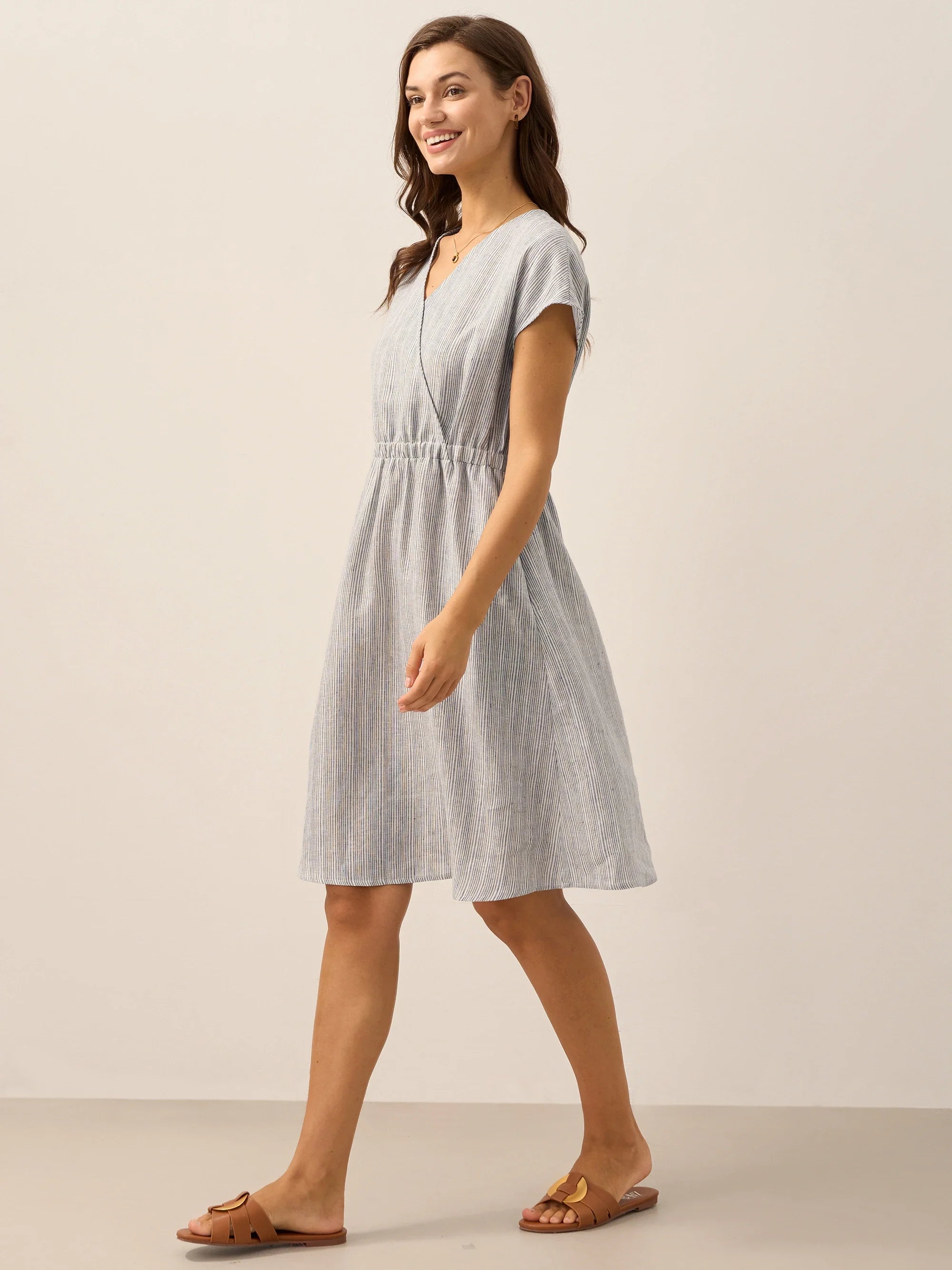 100 % Leinen gestreiftes Midi-Kleid mit elastischem Bund ARIA