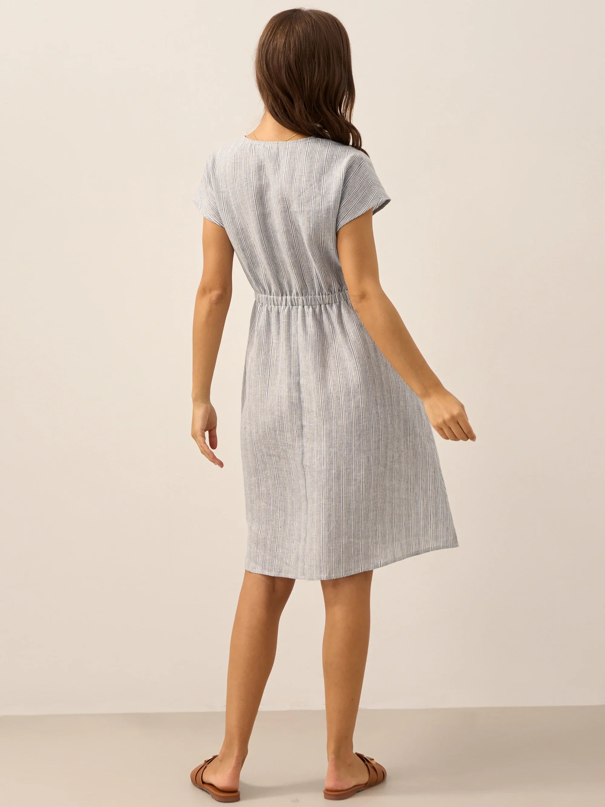 100 % Leinen gestreiftes Midi-Kleid mit elastischem Bund ARIA