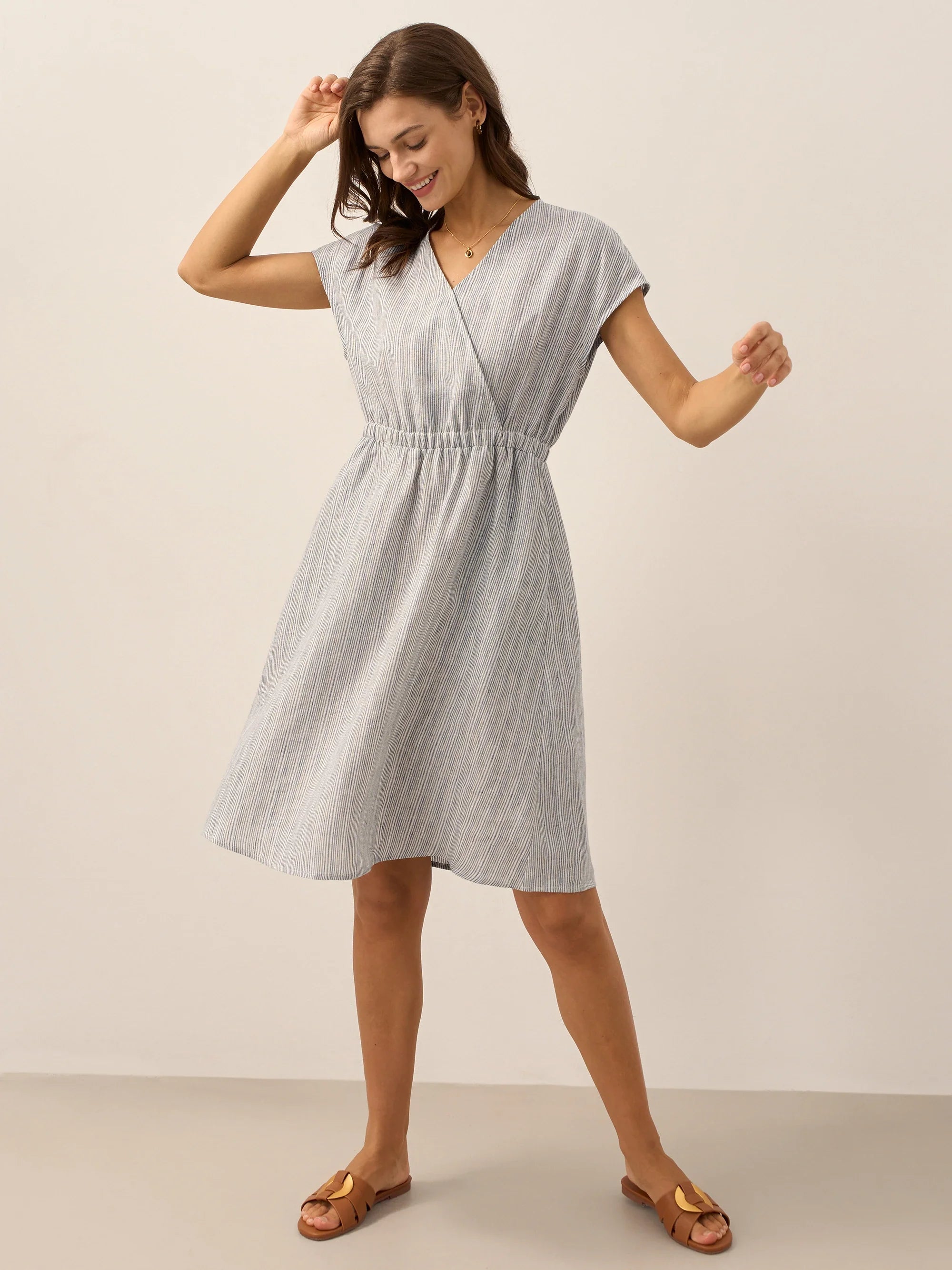 100 % Leinen gestreiftes Midi-Kleid mit elastischem Bund ARIA