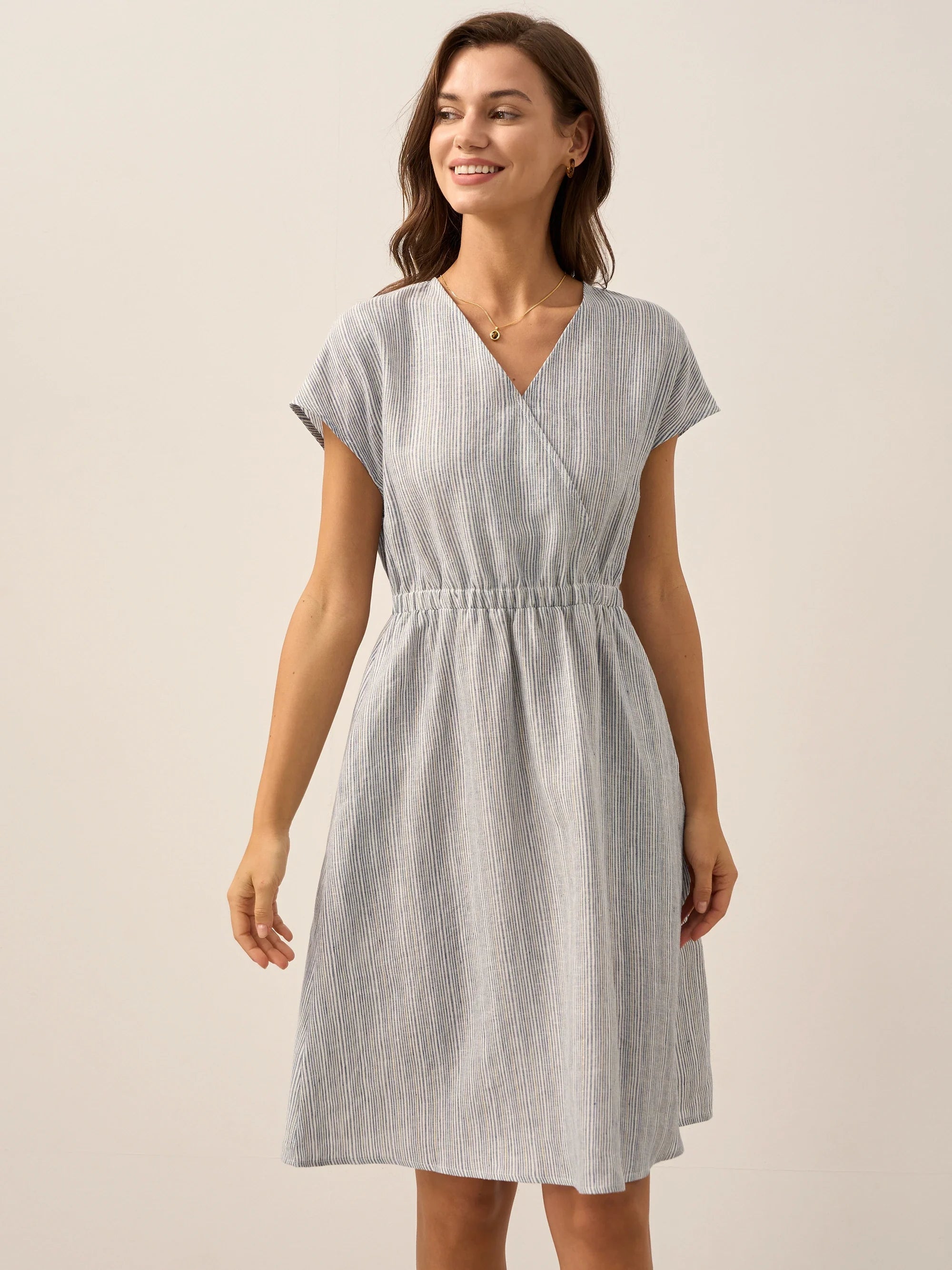 100 % Leinen gestreiftes Midi-Kleid mit elastischem Bund ARIA