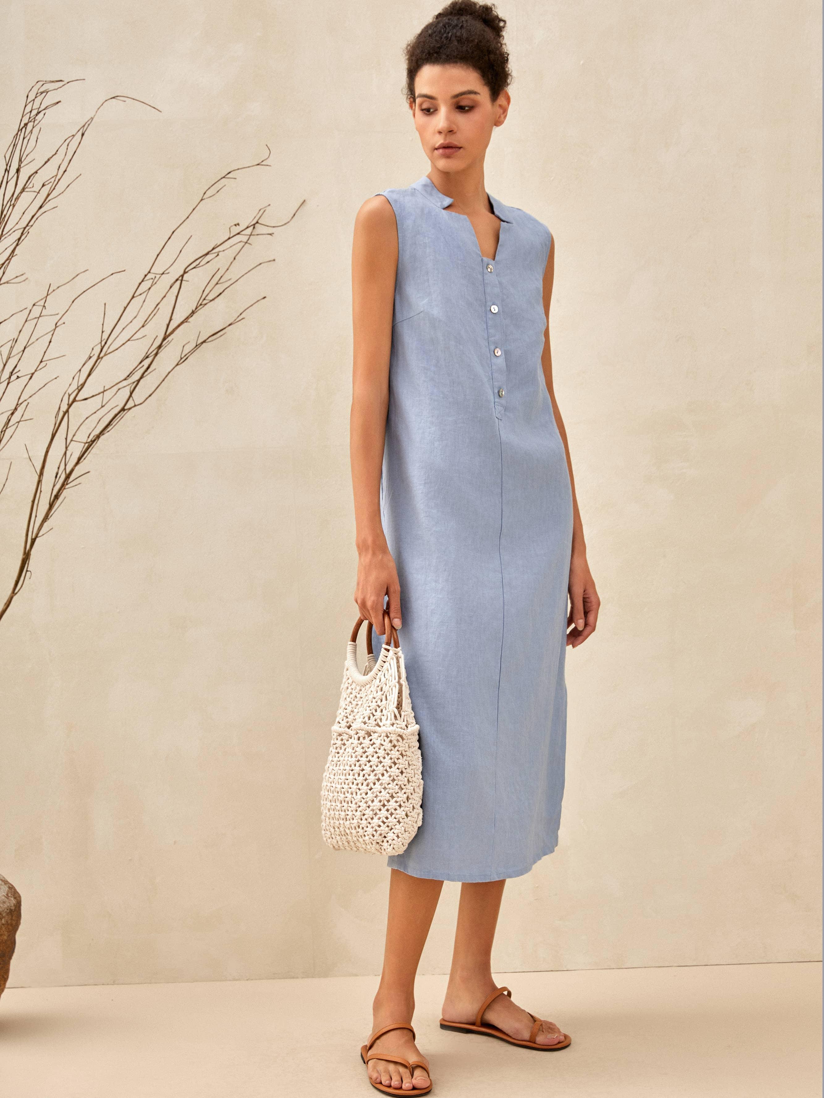 100% Leinen Ärmelloses Gerades Maxikleid mit Hohem Schlitz TAYLOR