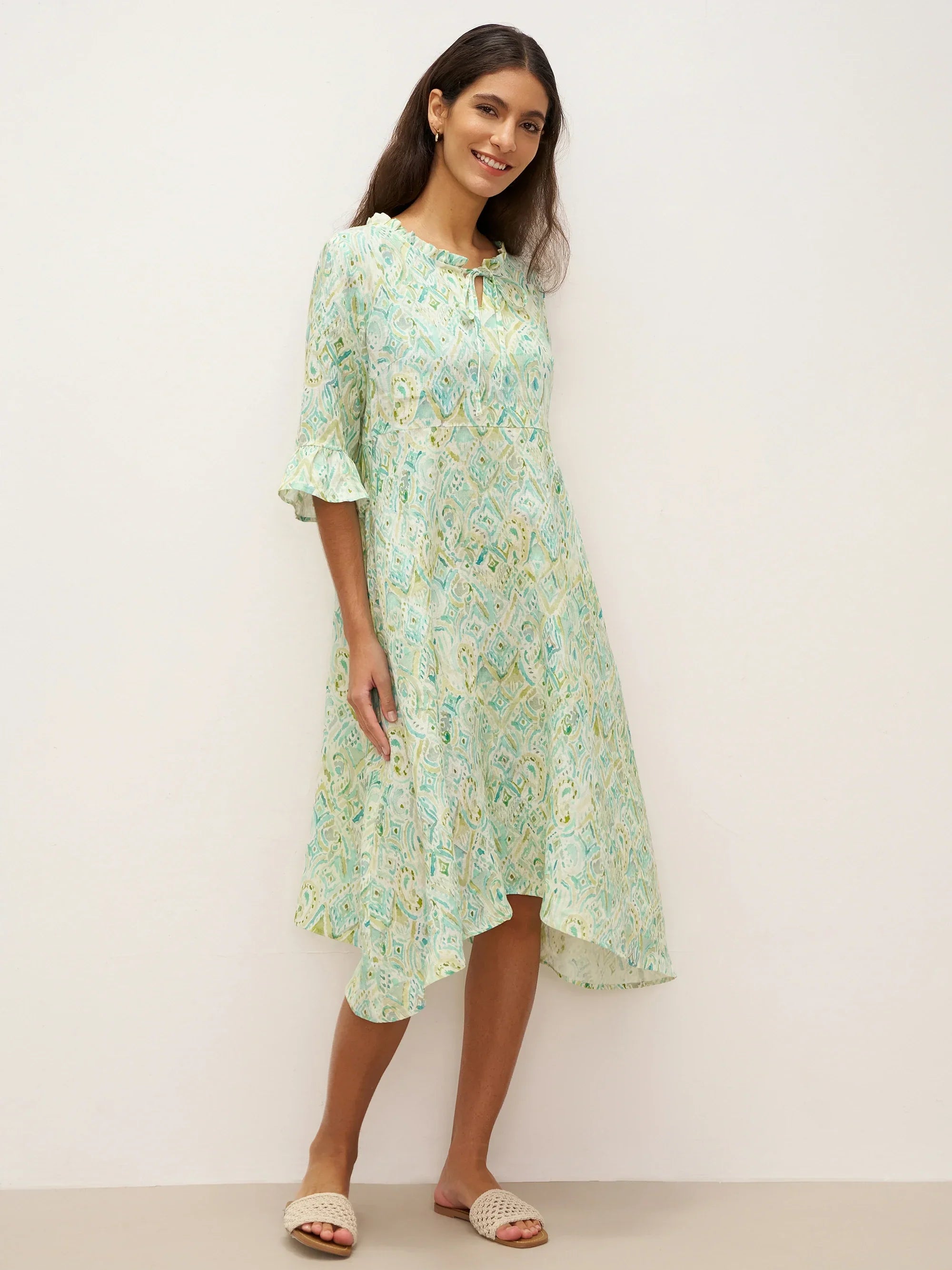 100% Leinen A-Linien Kleid mit Rüschensaum und Schleifenkragen LIVIA