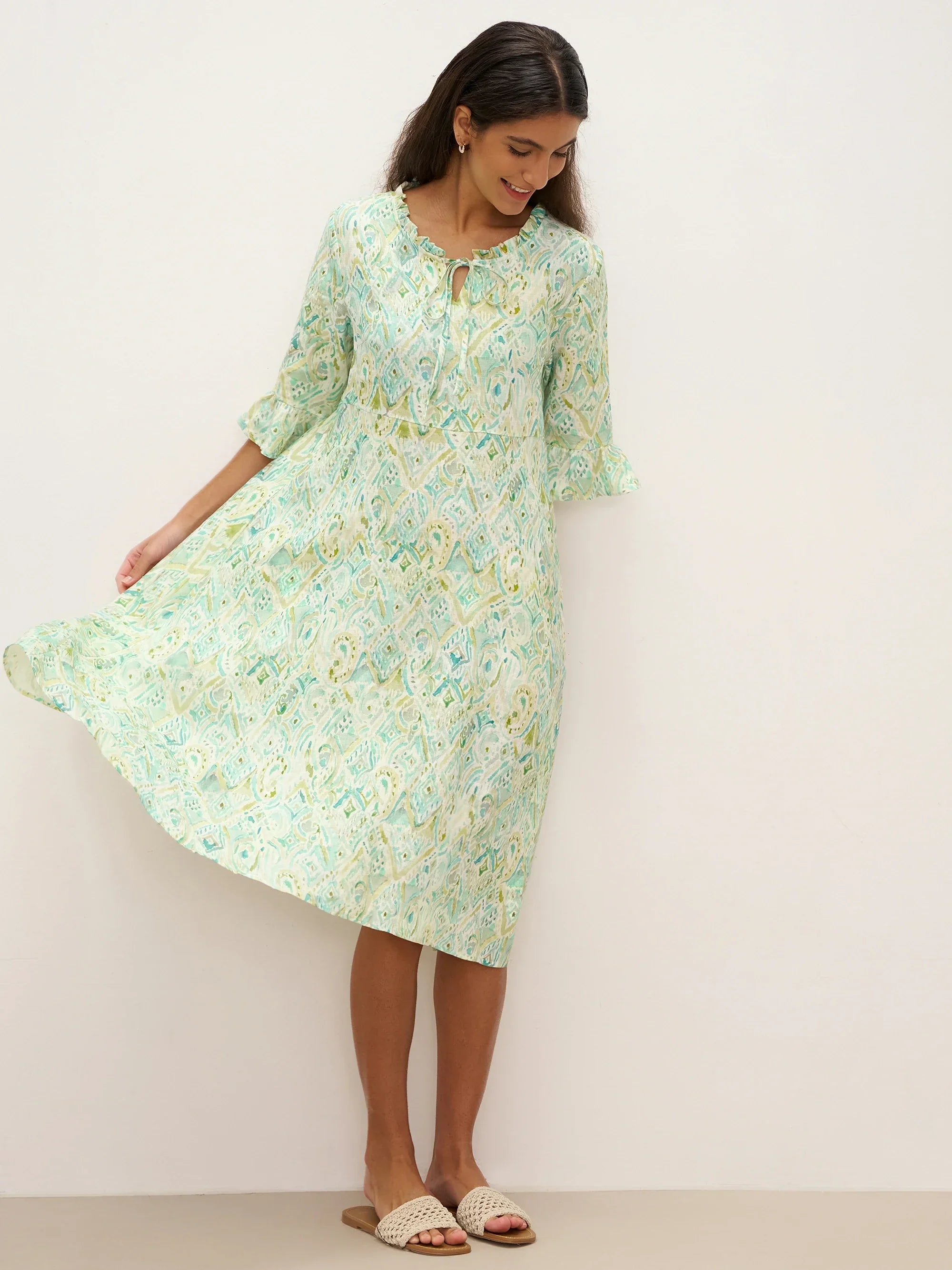 100% Leinen A-Linien Kleid mit Rüschensaum und Schleifenkragen LIVIA