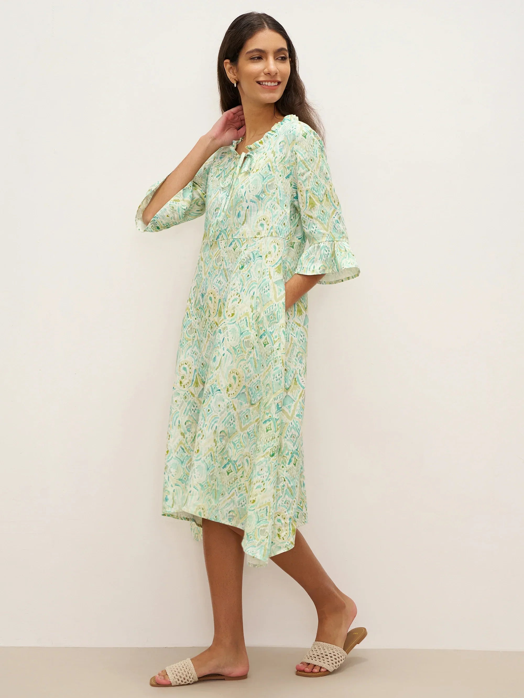 100% Leinen A-Linien Kleid mit Rüschensaum und Schleifenkragen LIVIA