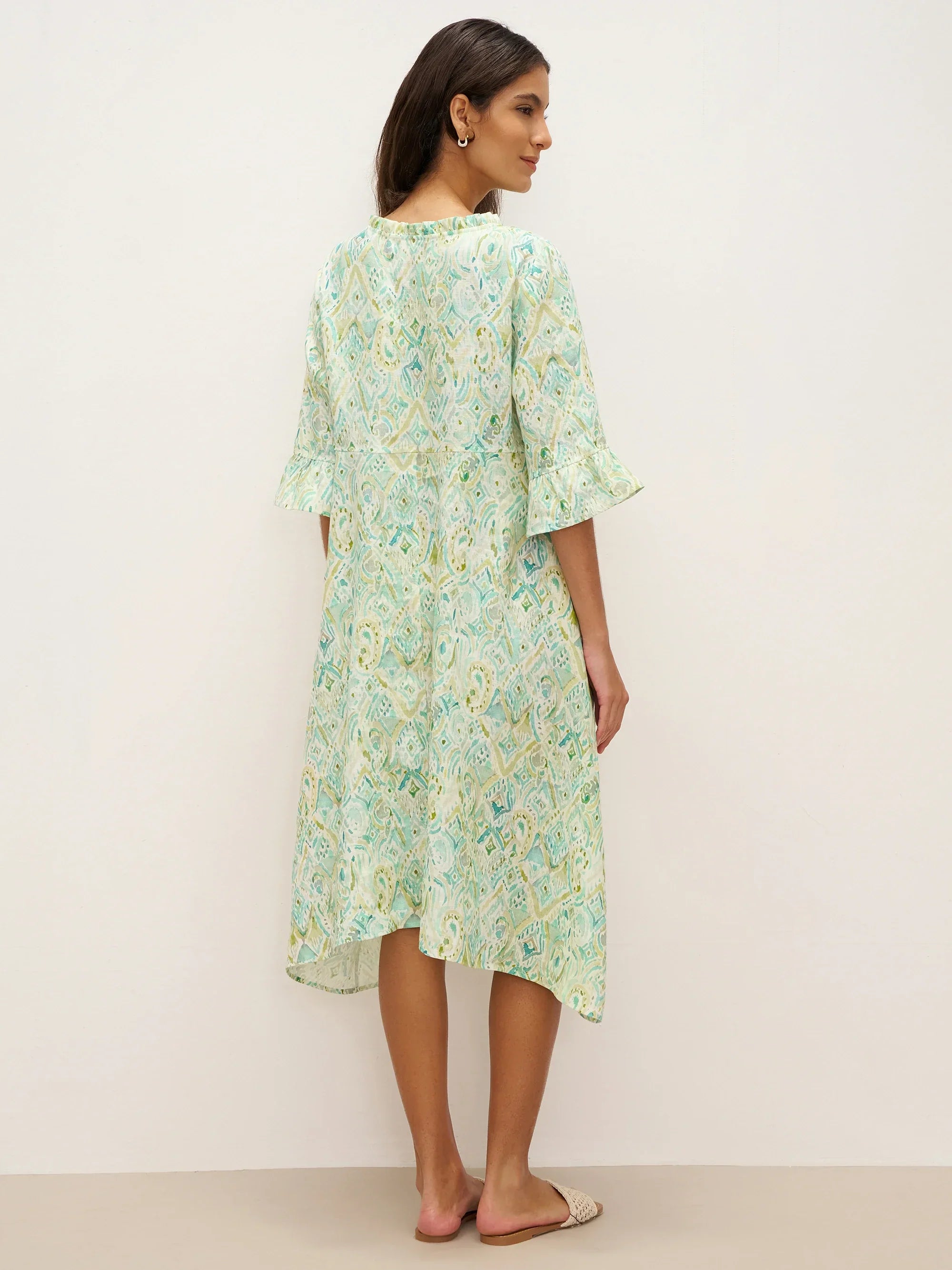 100% Leinen A-Linien Kleid mit Rüschensaum und Schleifenkragen LIVIA