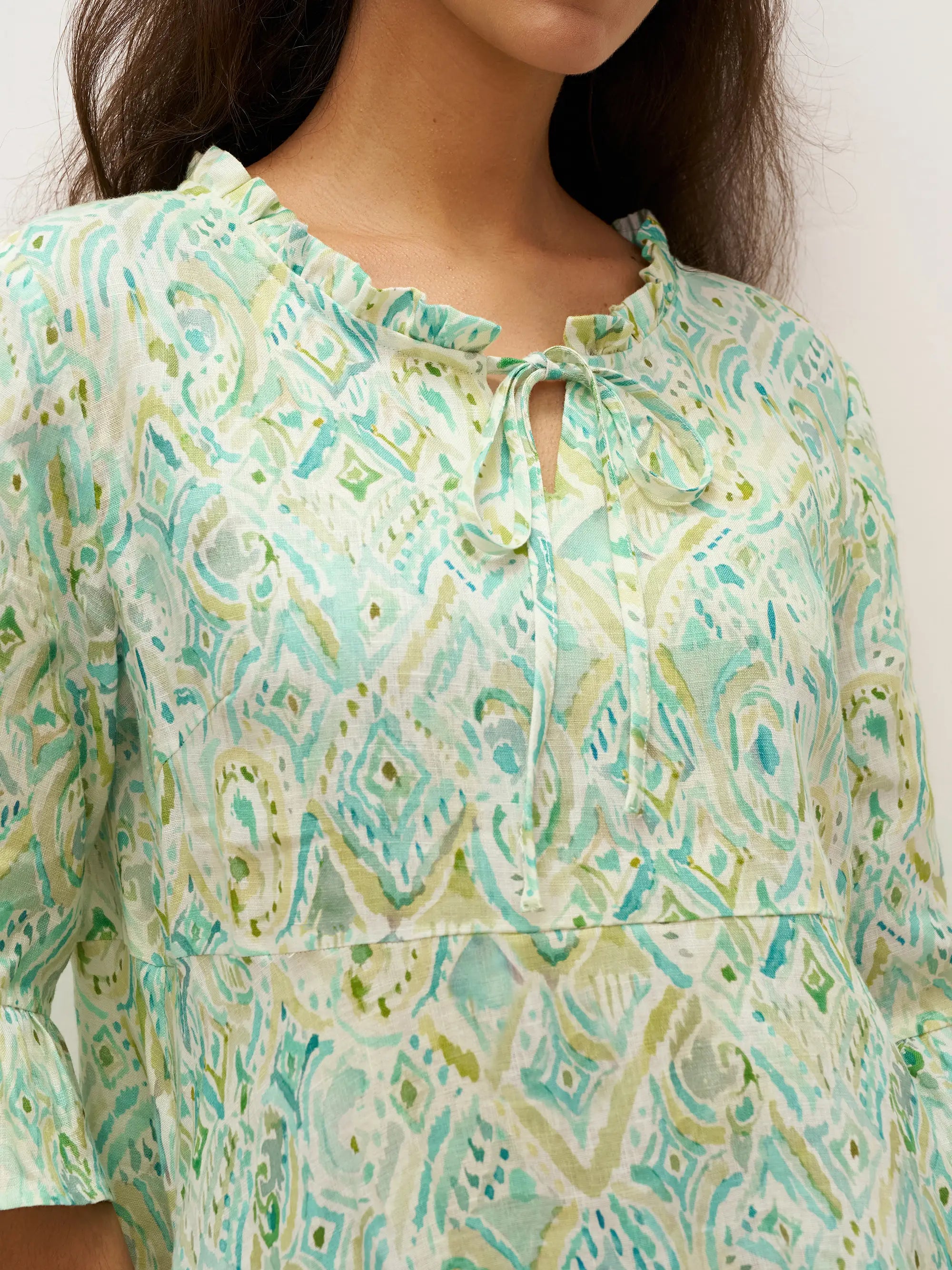 100% Leinen A-Linien Kleid mit Rüschensaum und Schleifenkragen LIVIA