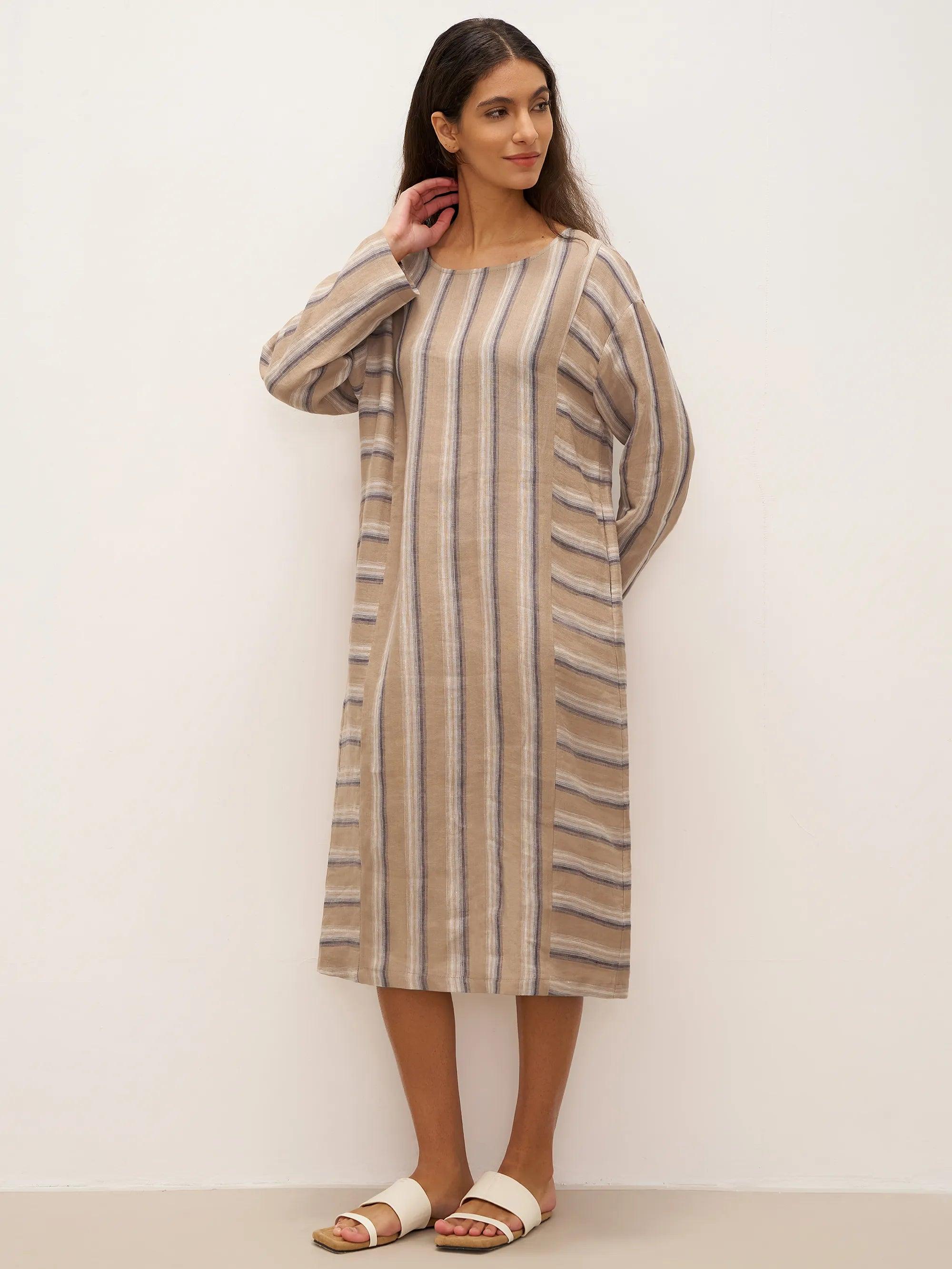 100% Leinen Gestreiftes Kreuzgewebe Midi Kleid ELSPETH