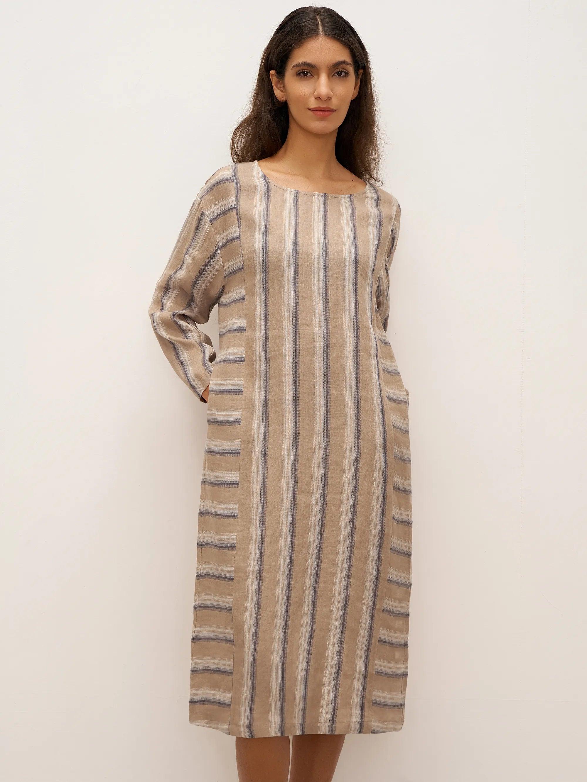 100% Leinen Gestreiftes Kreuzgewebe Midi Kleid ELSPETH