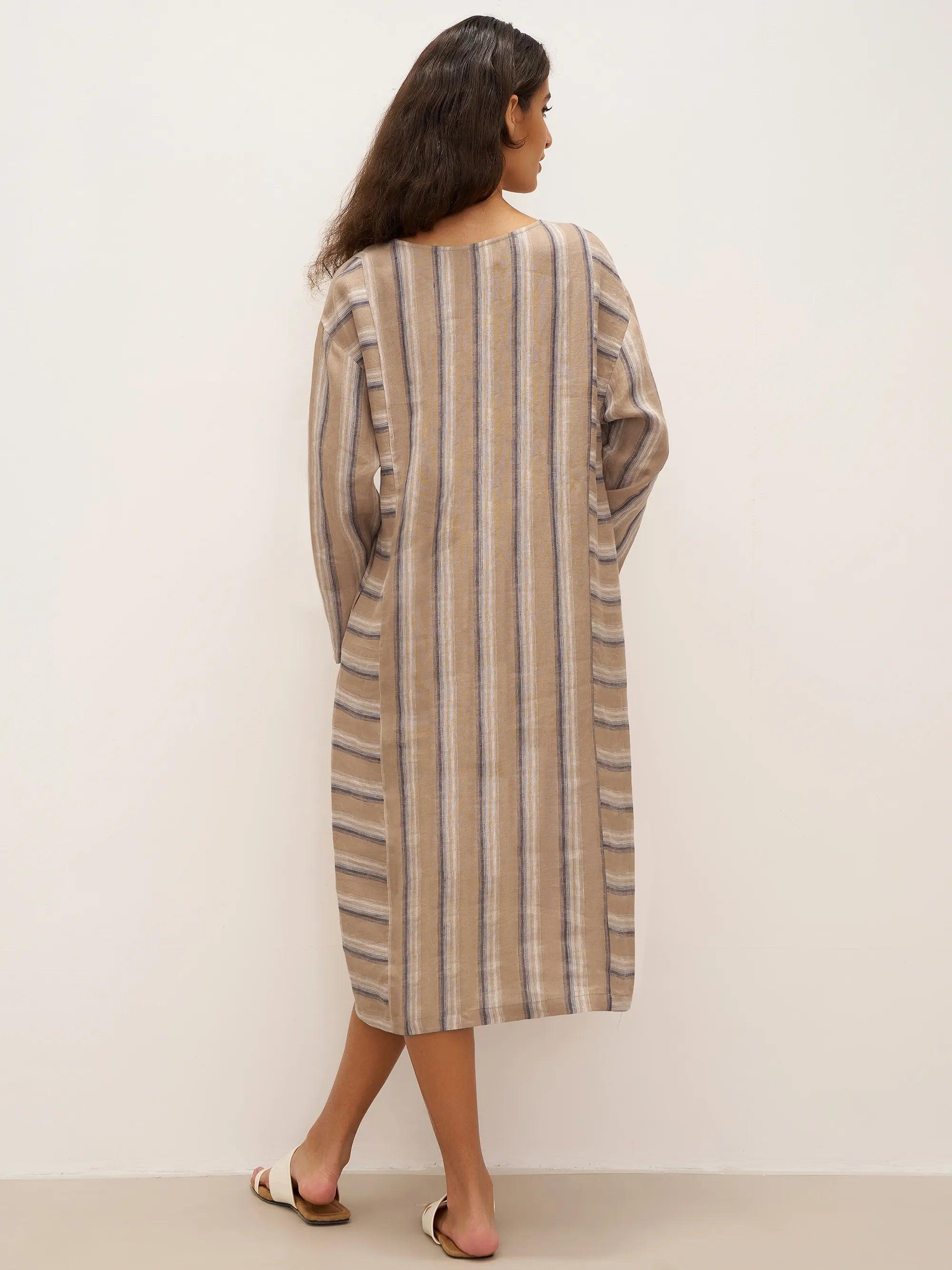 100% Leinen Gestreiftes Kreuzgewebe Midi Kleid ELSPETH
