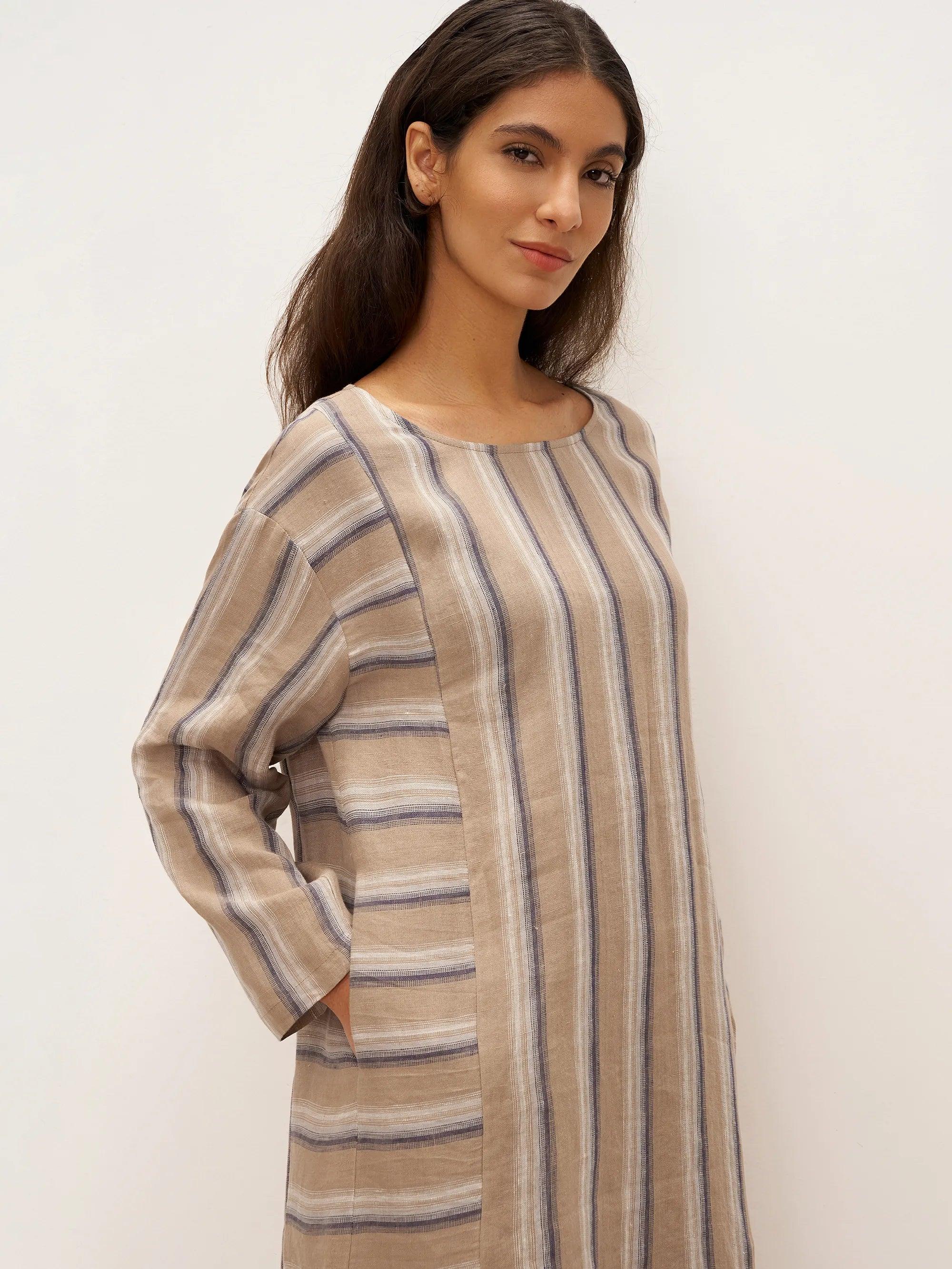 100% Leinen Gestreiftes Kreuzgewebe Midi Kleid ELSPETH