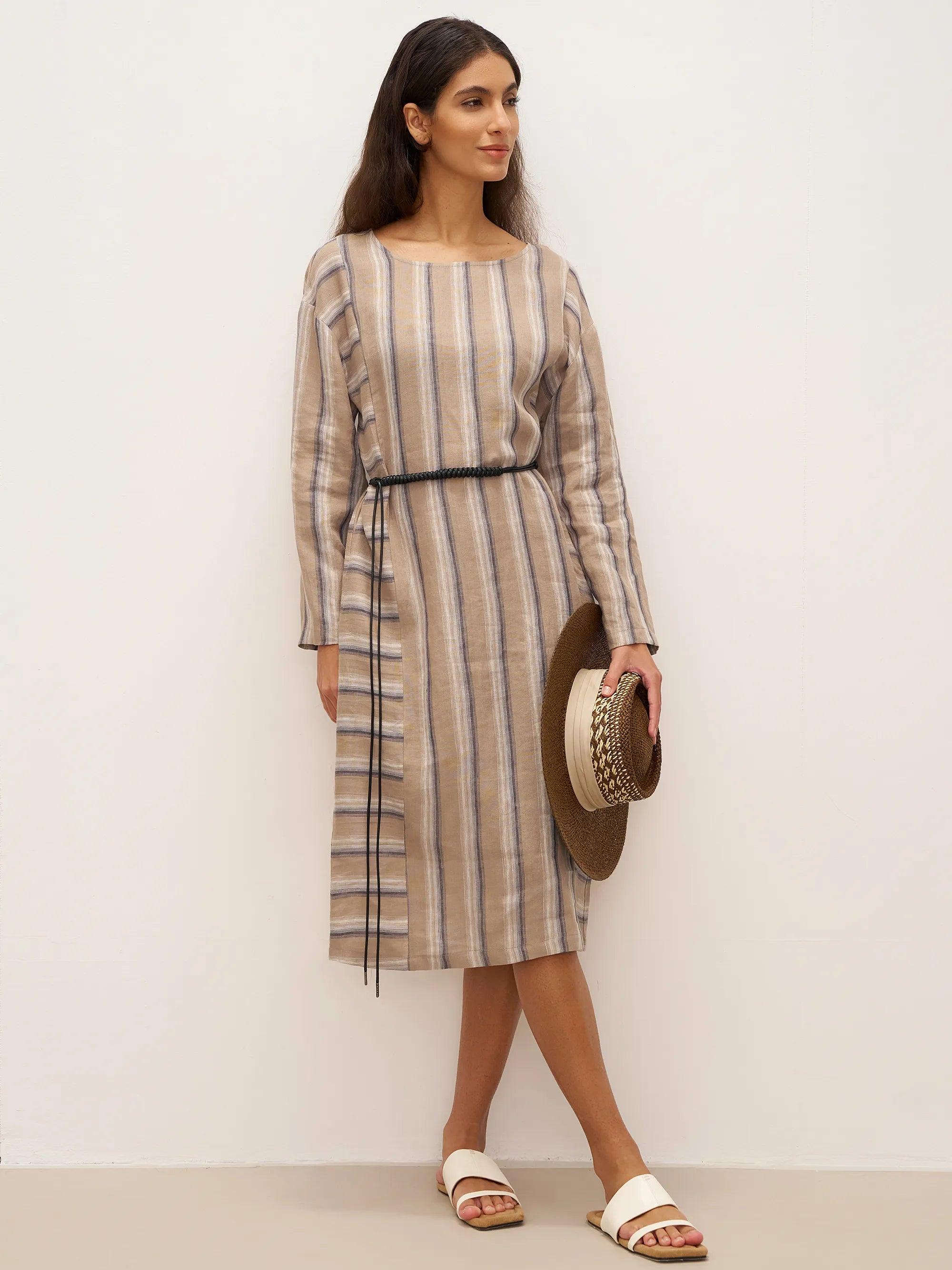 100% Leinen Gestreiftes Kreuzgewebe Midi Kleid ELSPETH