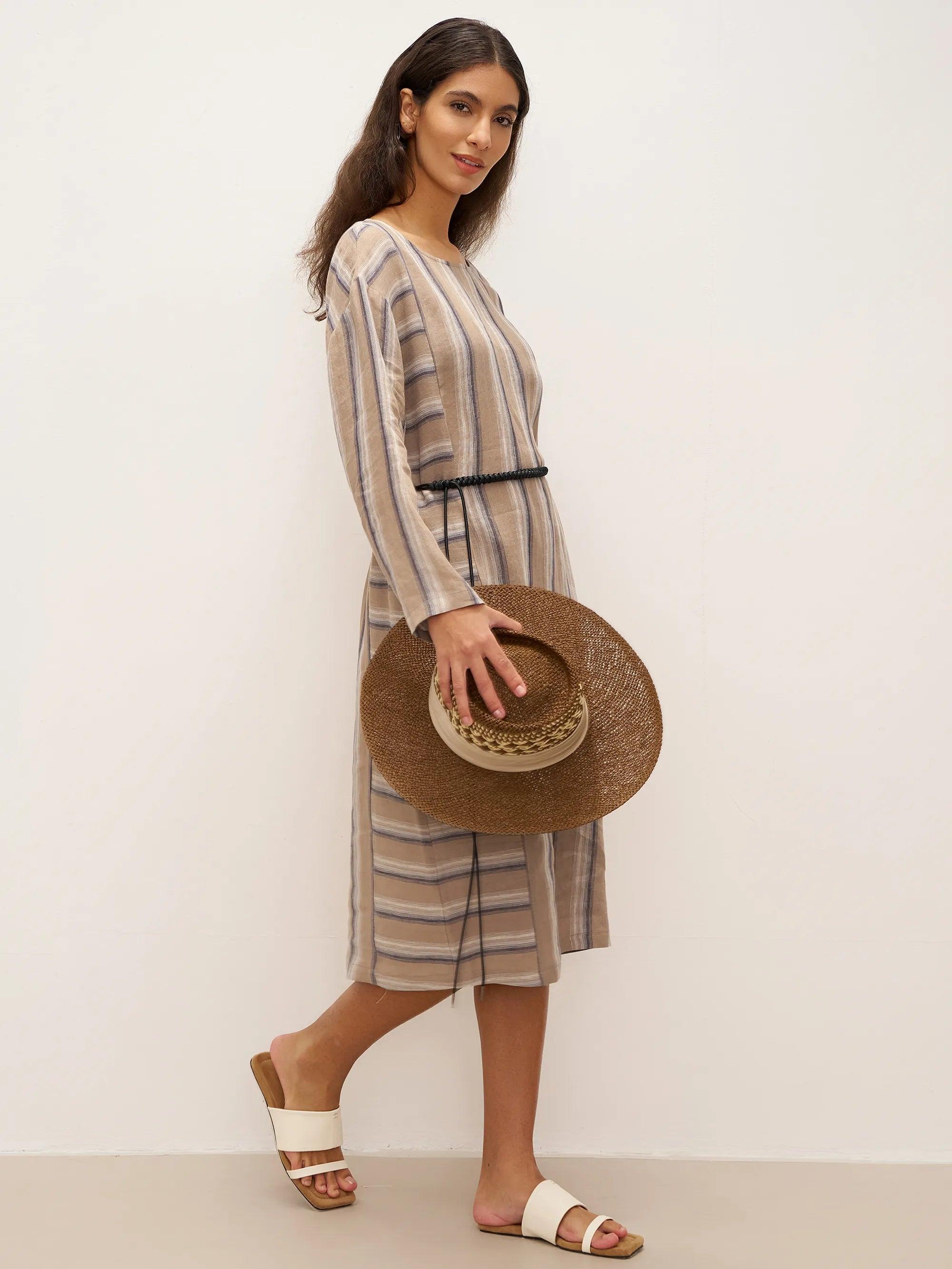 100% Leinen Gestreiftes Kreuzgewebe Midi Kleid ELSPETH