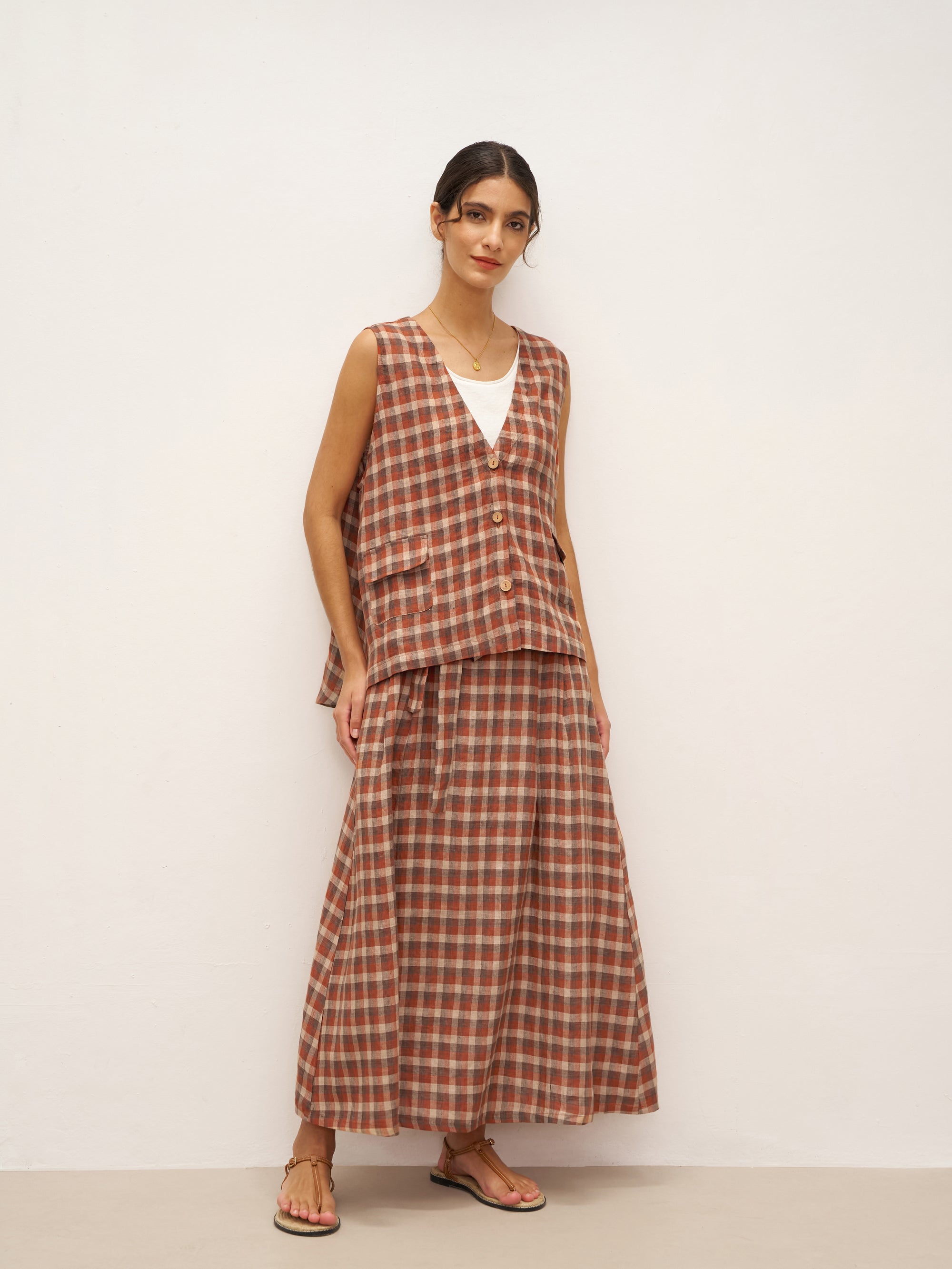100% Leinen V-Ausschnitt Karierter Oversized Weste DORIS