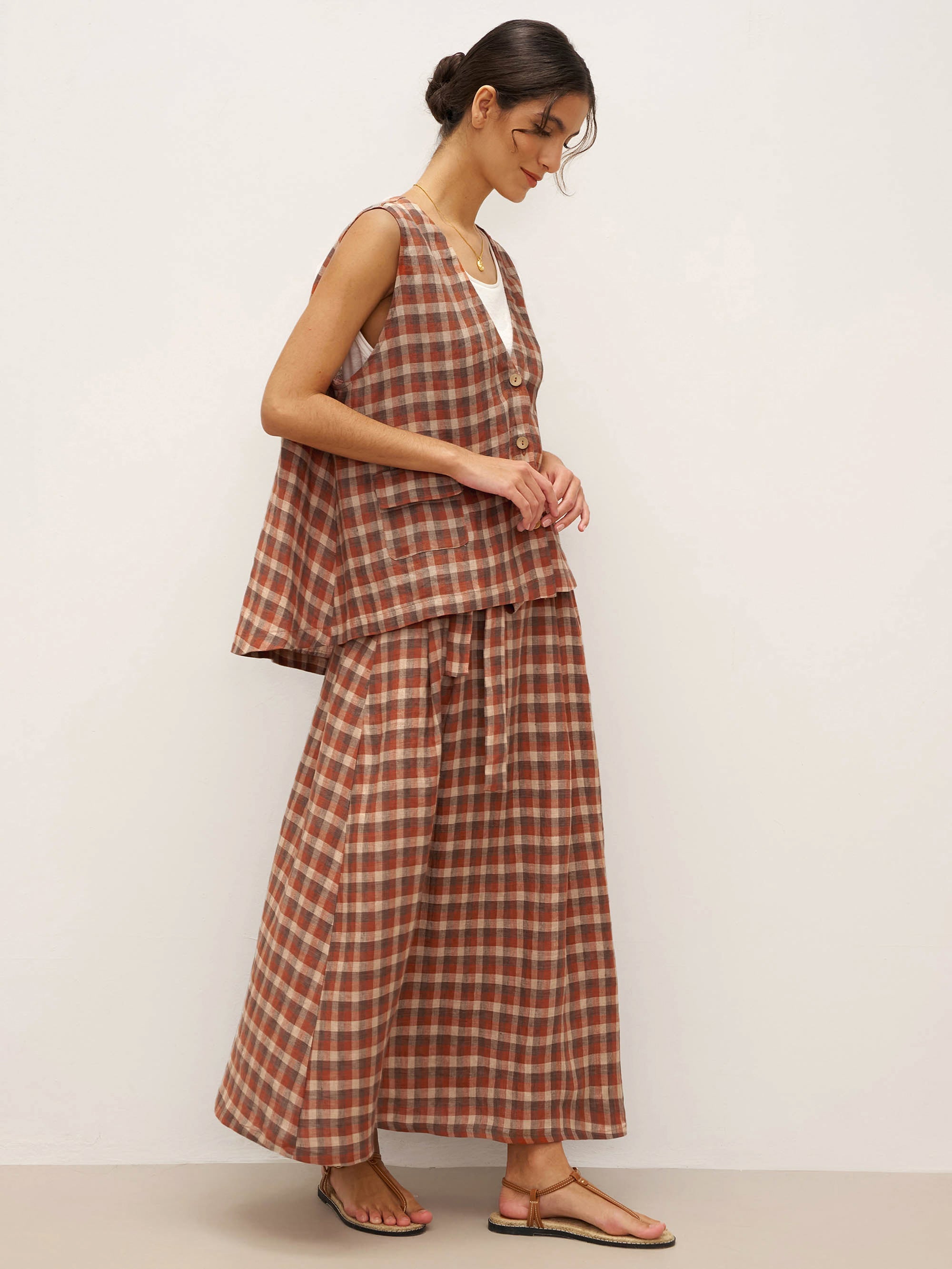 100% Leinen V-Ausschnitt Karierter Oversized Weste DORIS