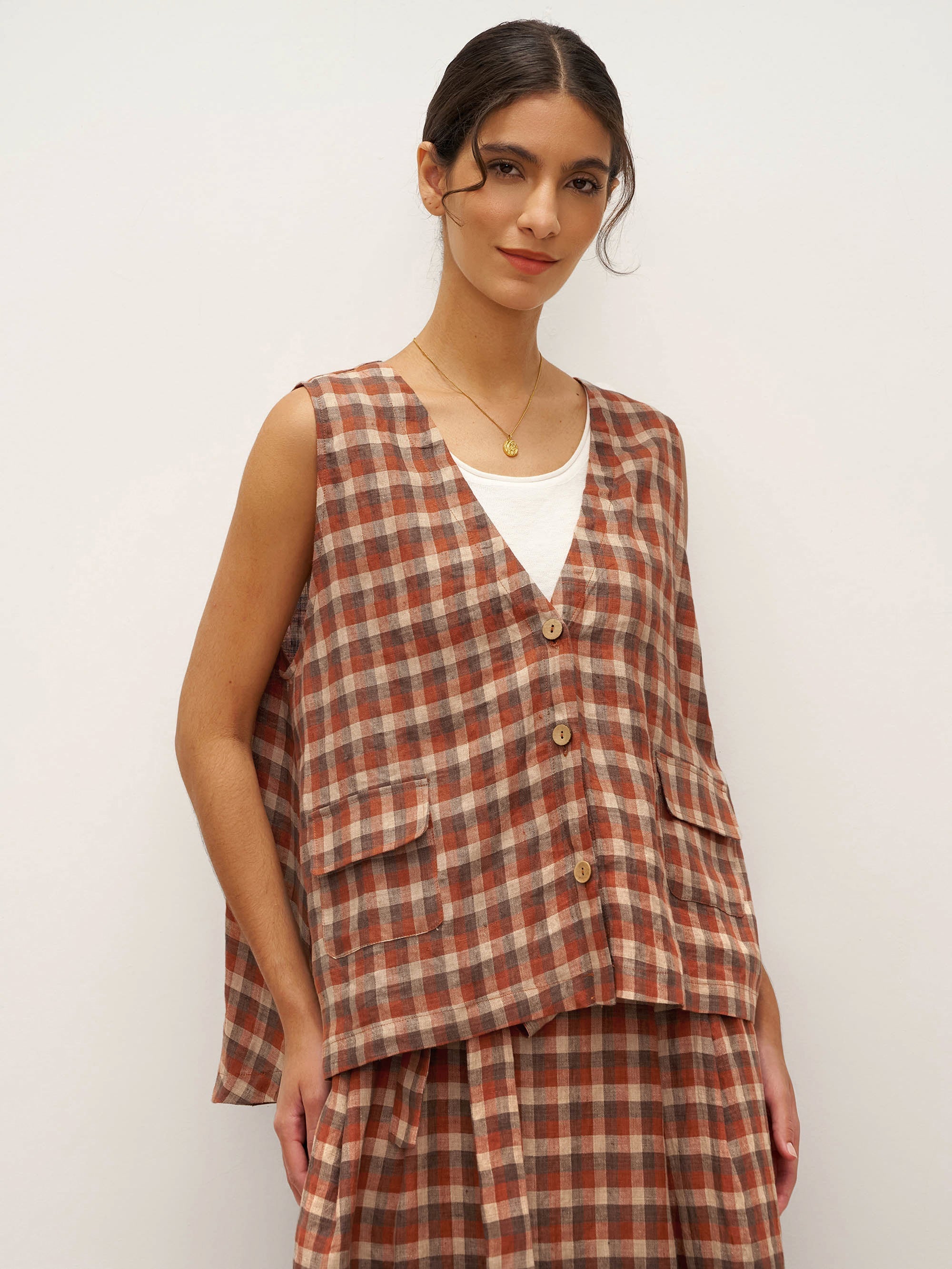 100% Leinen V-Ausschnitt Karierter Oversized Weste DORIS