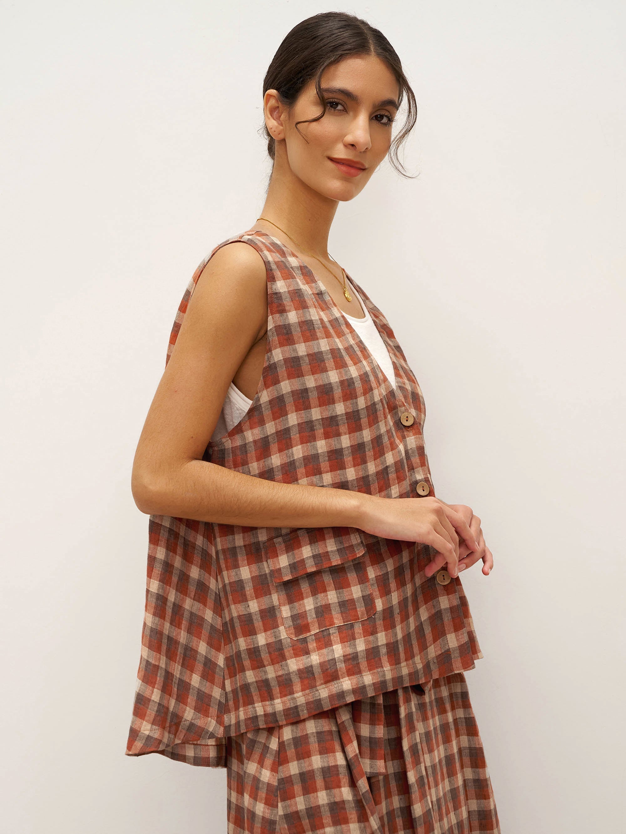 100% Leinen V-Ausschnitt Karierter Oversized Weste DORIS