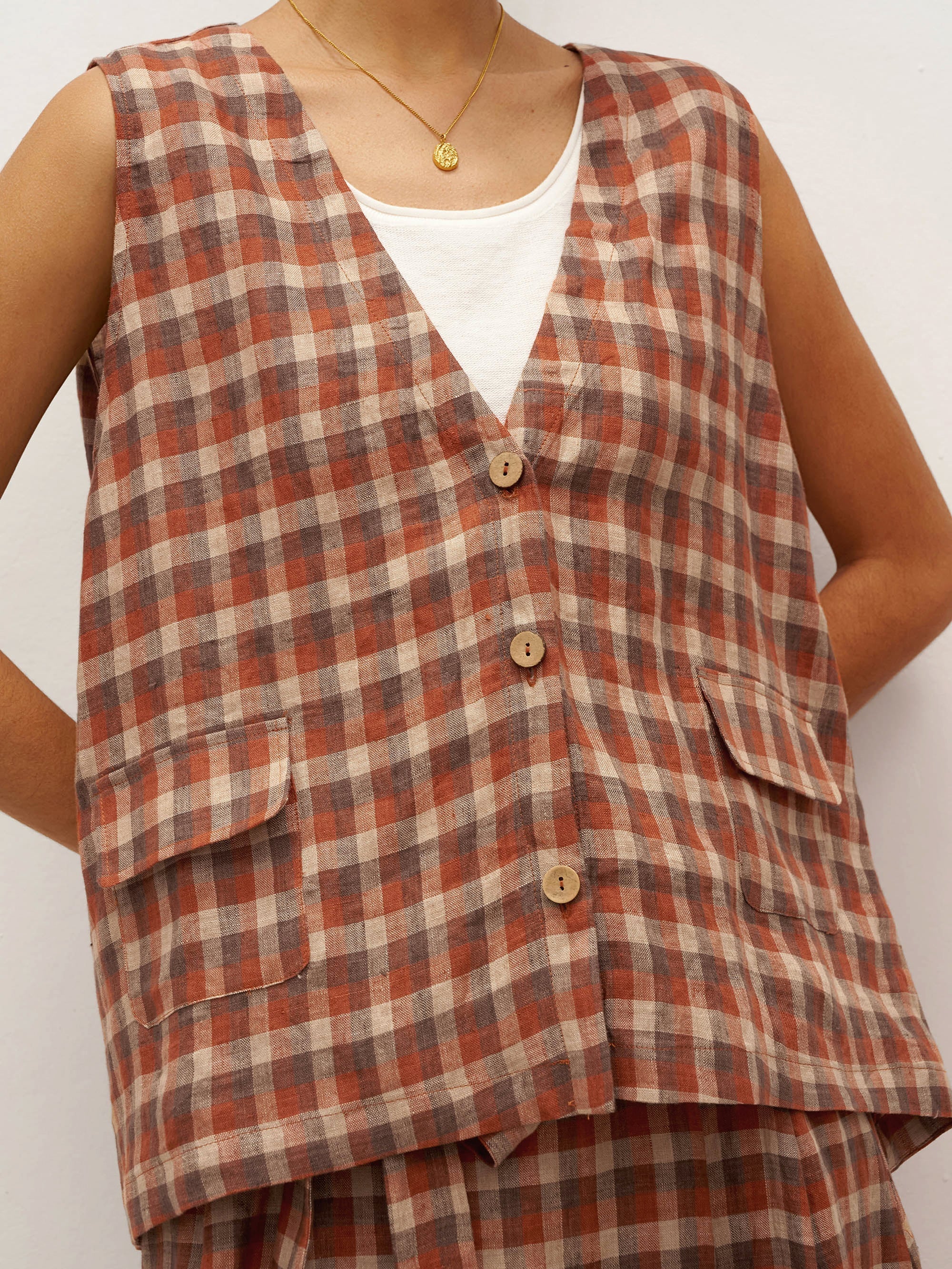 100% Leinen V-Ausschnitt Karierter Oversized Weste DORIS