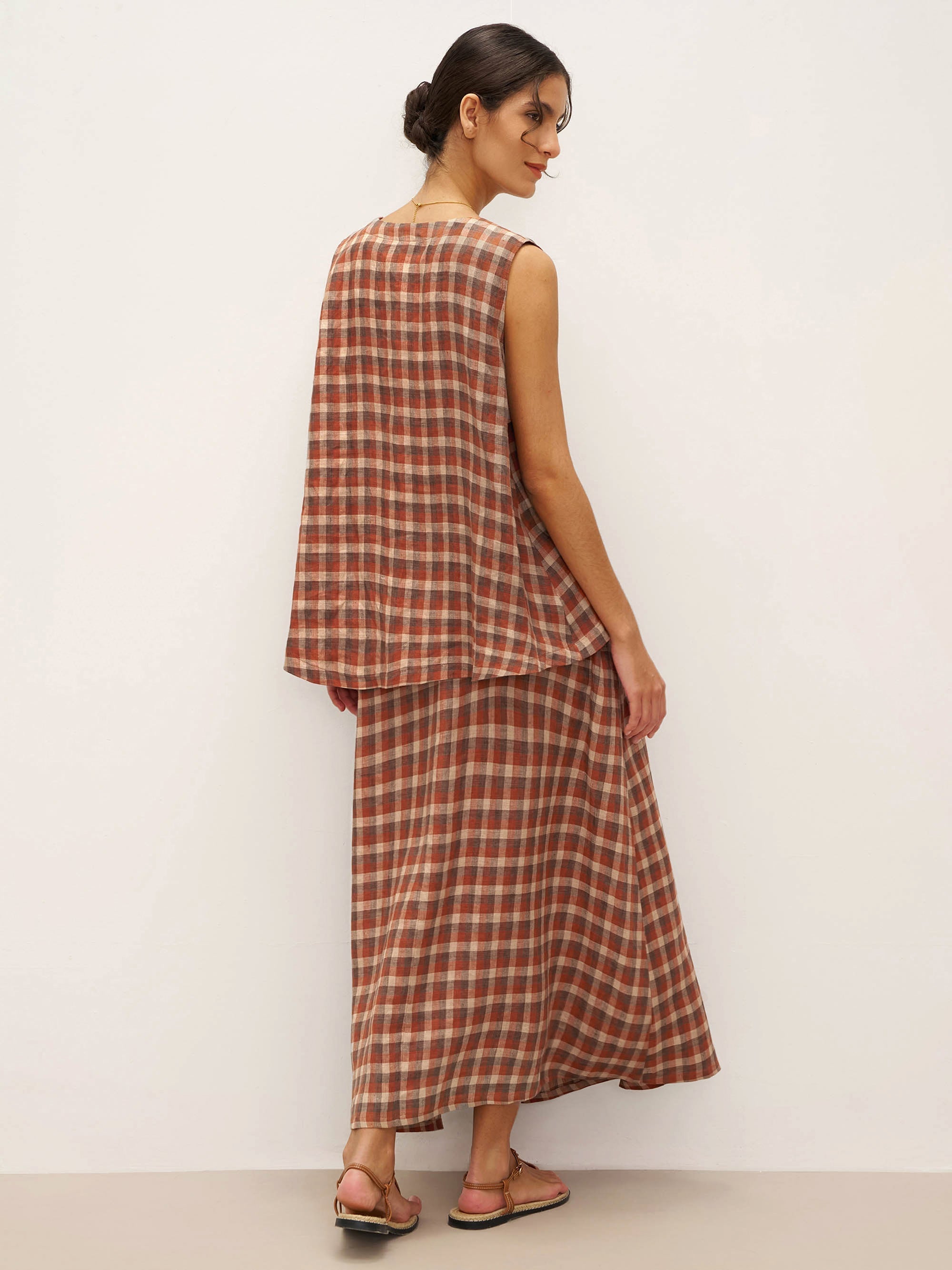 100% Leinen V-Ausschnitt Karierter Oversized Weste DORIS