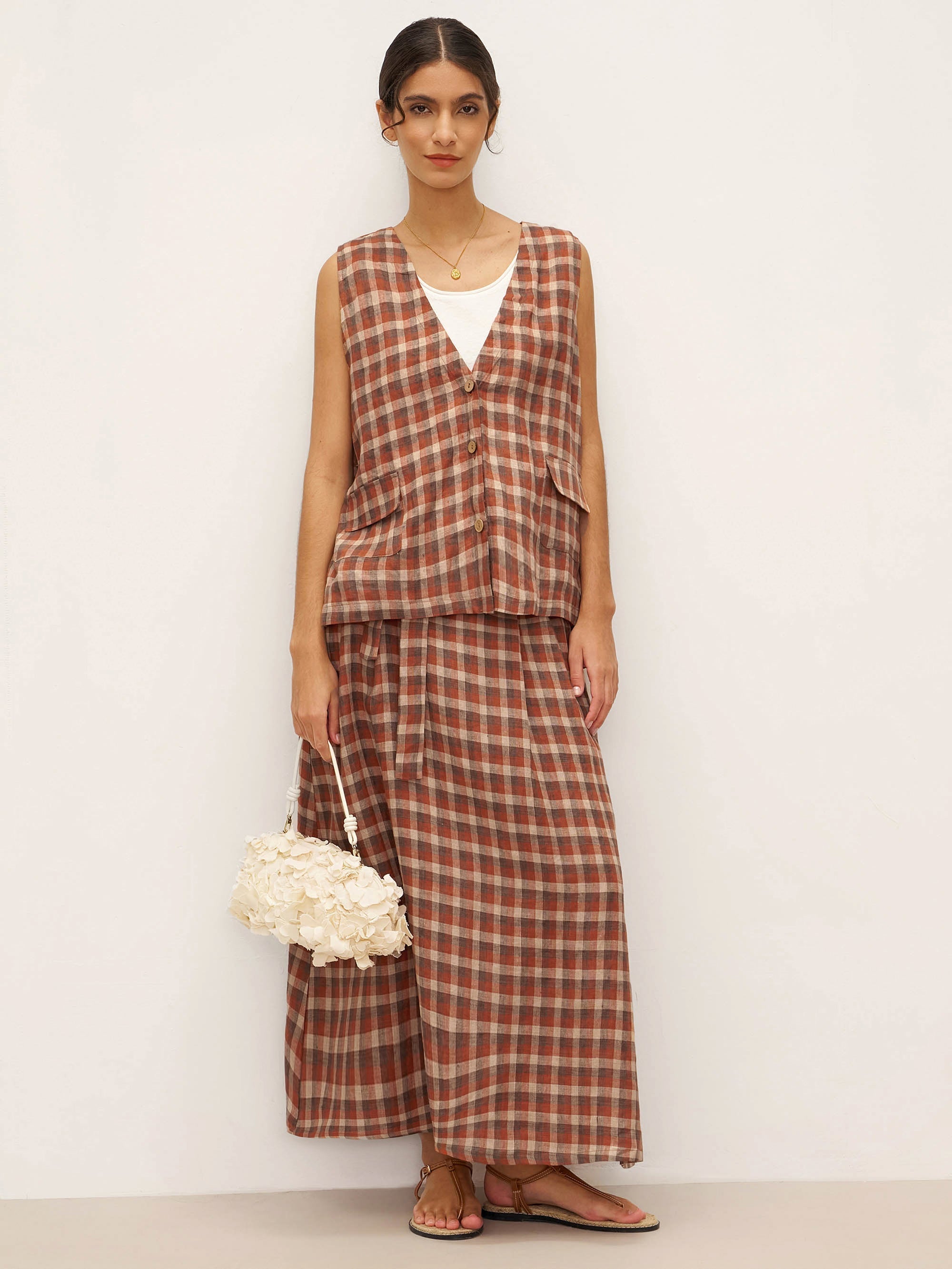 100% Leinen V-Ausschnitt Karierter Oversized Weste DORIS