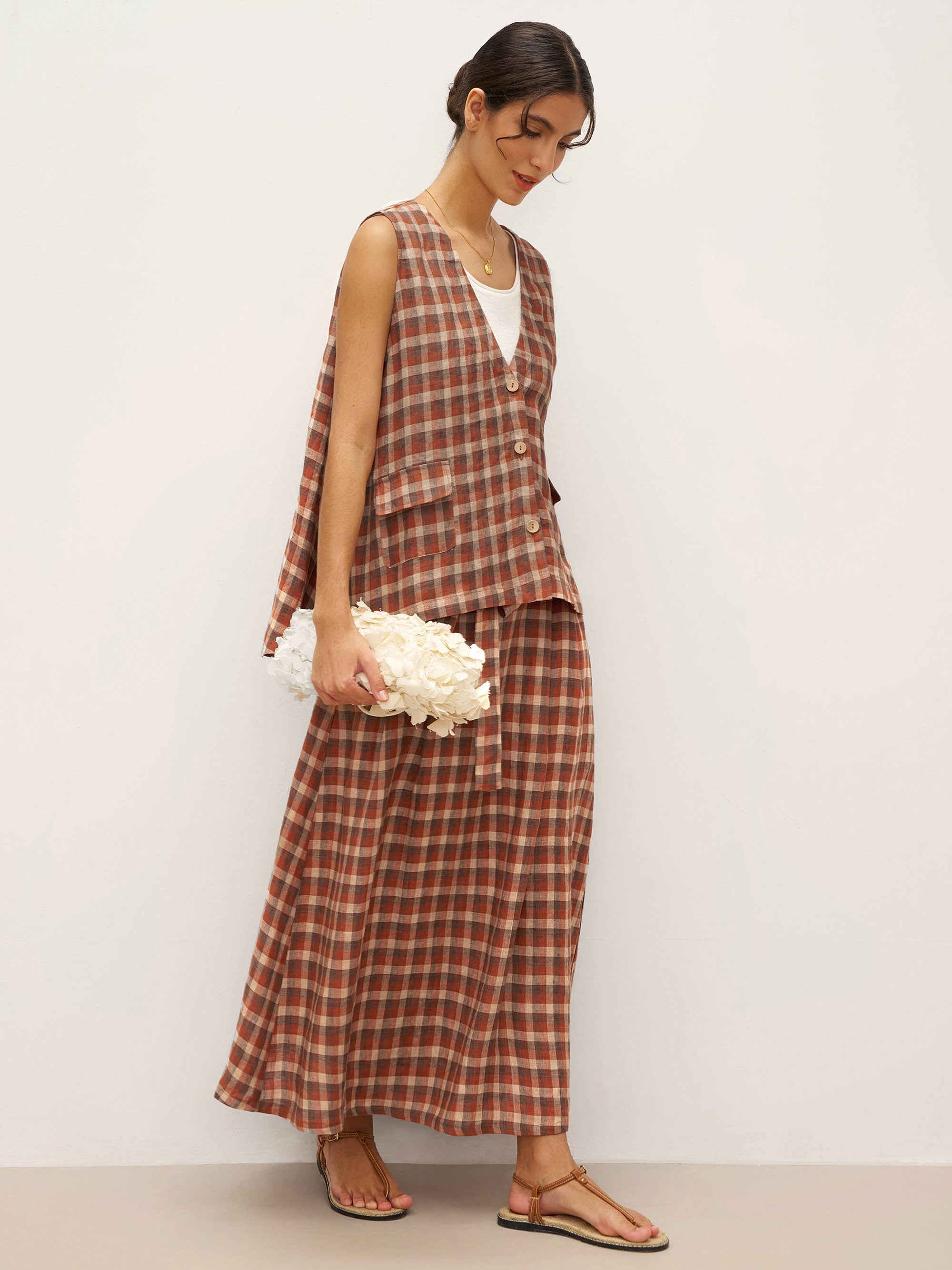 100% Leinen V-Ausschnitt Karierter Oversized Weste DORIS