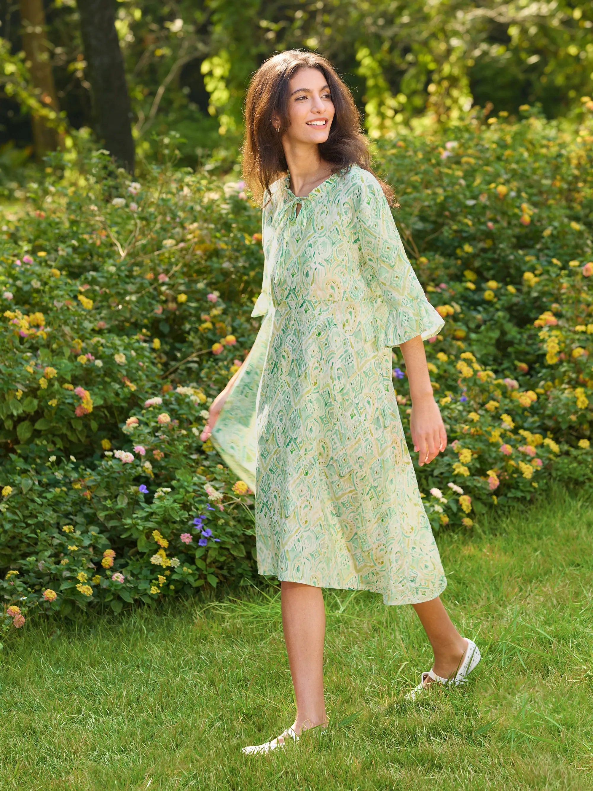 100% Leinen A-Linien Kleid mit Rüschensaum und Schleifenkragen LIVIA