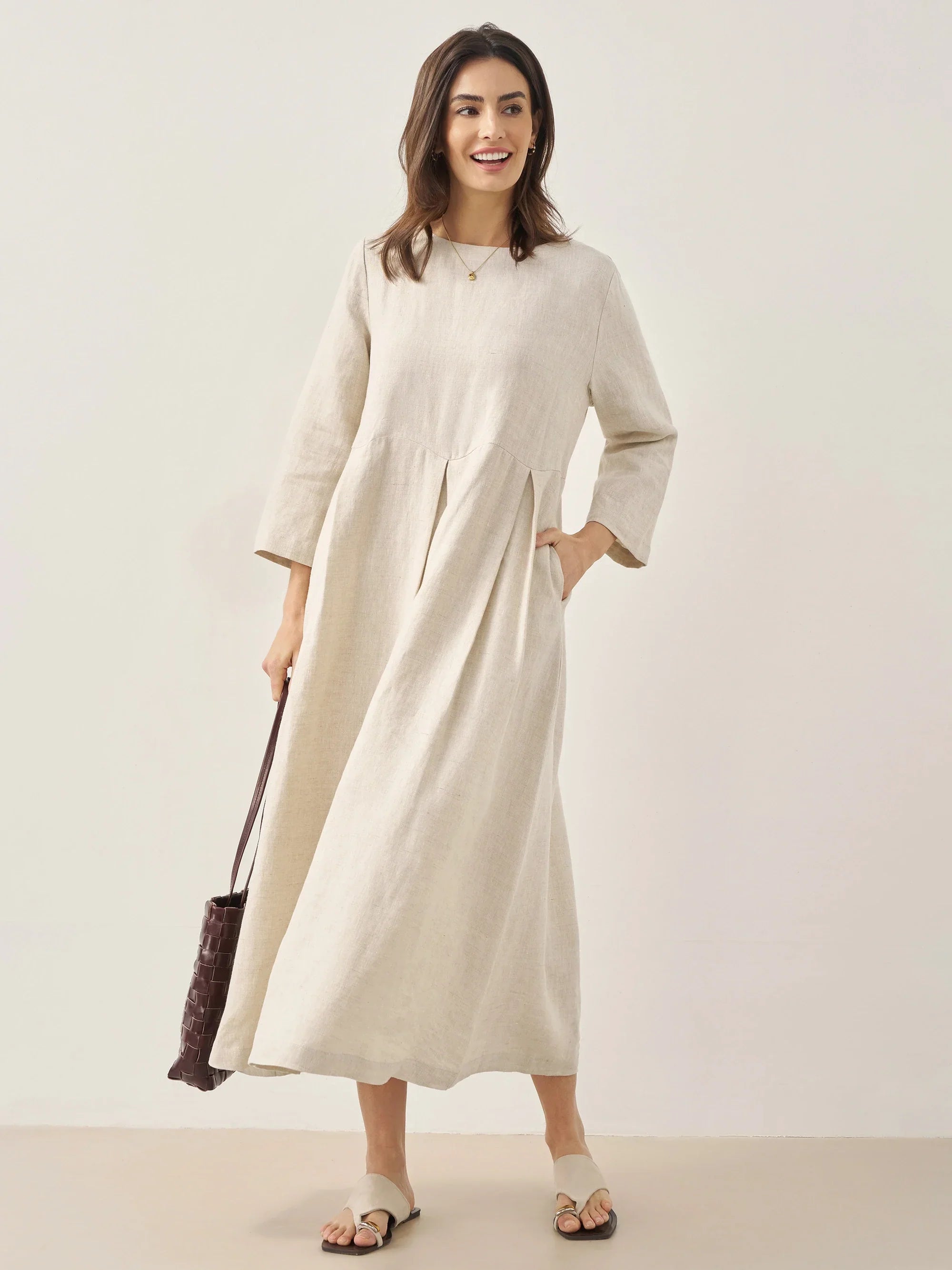 100 % Leinen Bateau-Ausschnitt Plissiertes Maxikleid ABIGAIL