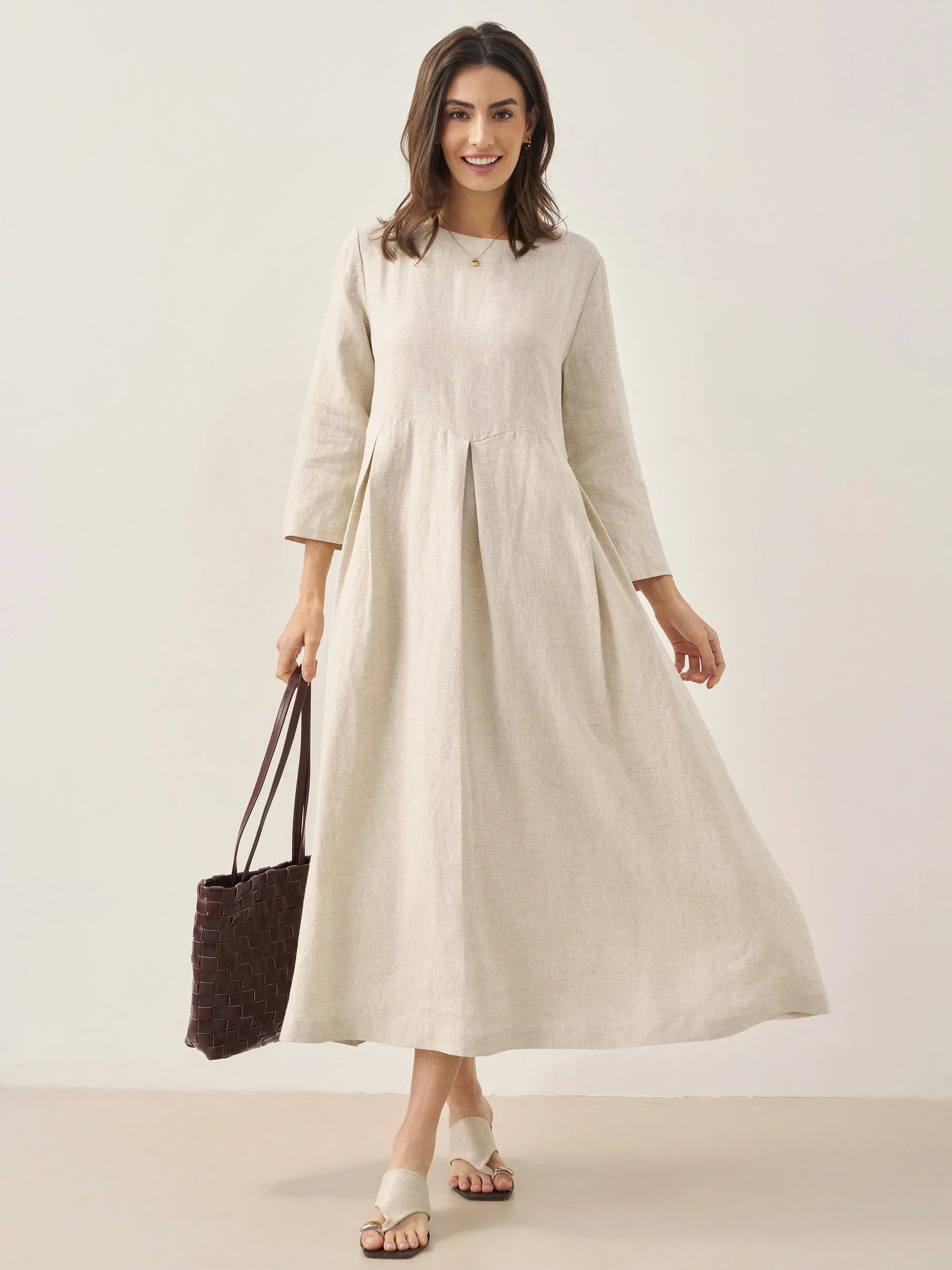 100 % Leinen Bateau-Ausschnitt Plissiertes Maxikleid ABIGAIL