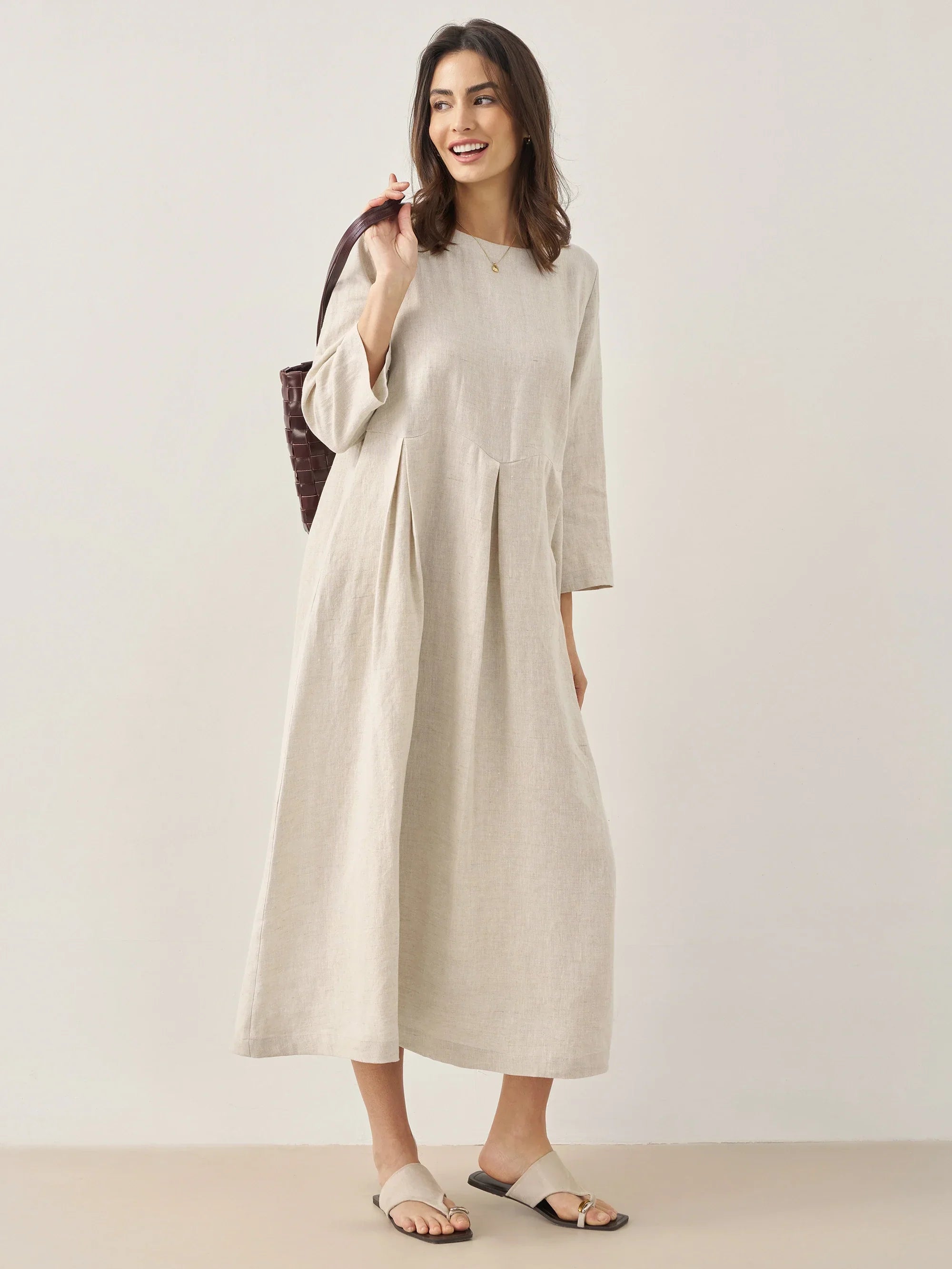 100 % Leinen Bateau-Ausschnitt Plissiertes Maxikleid ABIGAIL