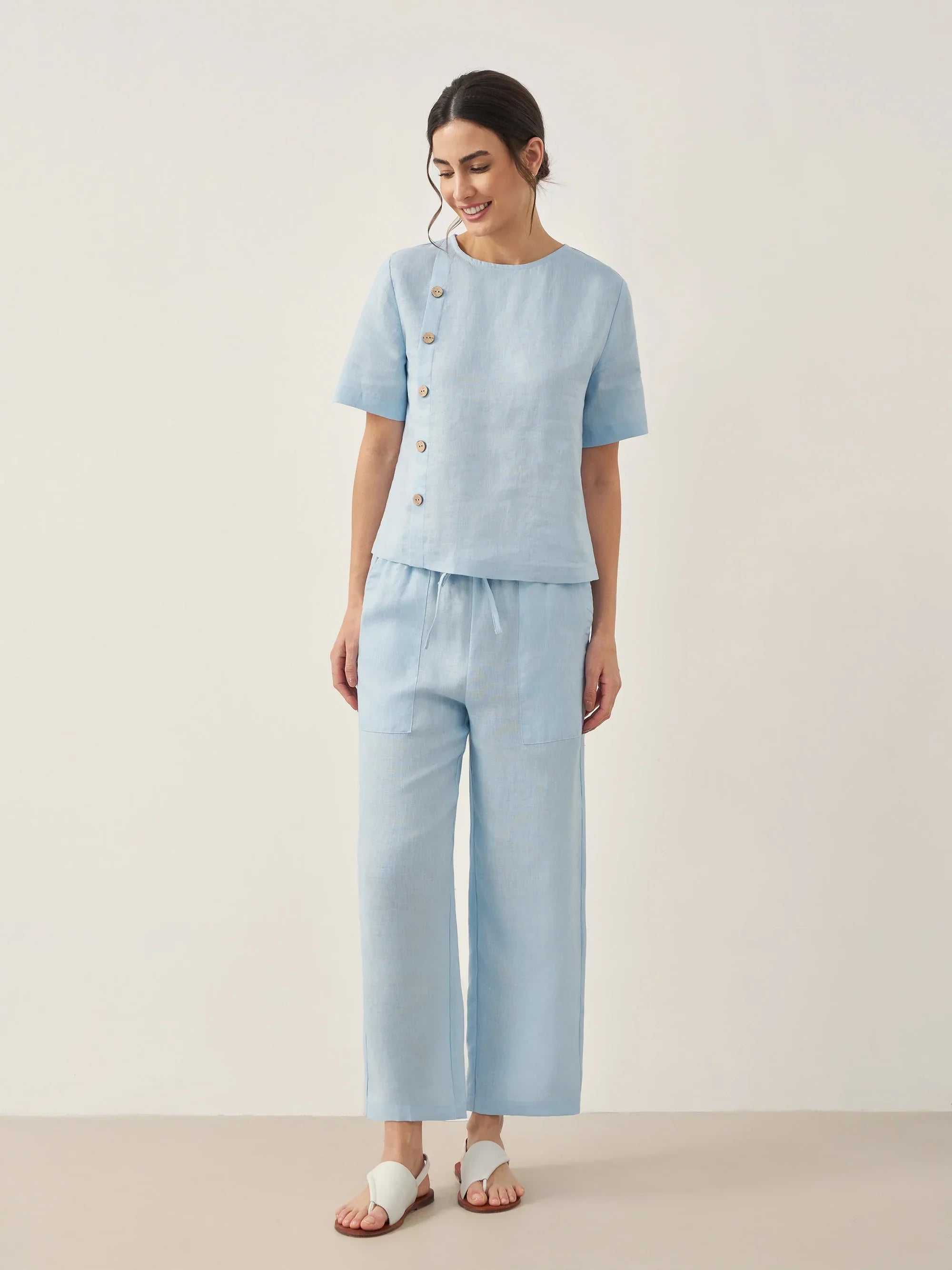 100% Leinen Kurzarm Rundhals Knopfdetails Oberteil & Hose Set JOSIE