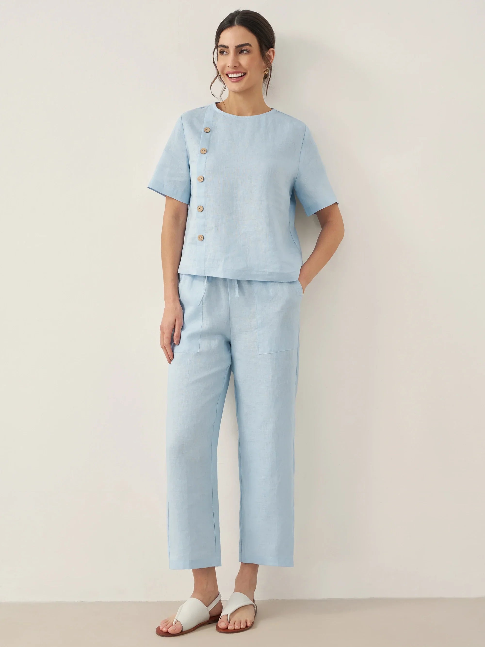 100% Leinen Kurzarm Rundhals Knopfdetails Oberteil & Hose Set JOSIE