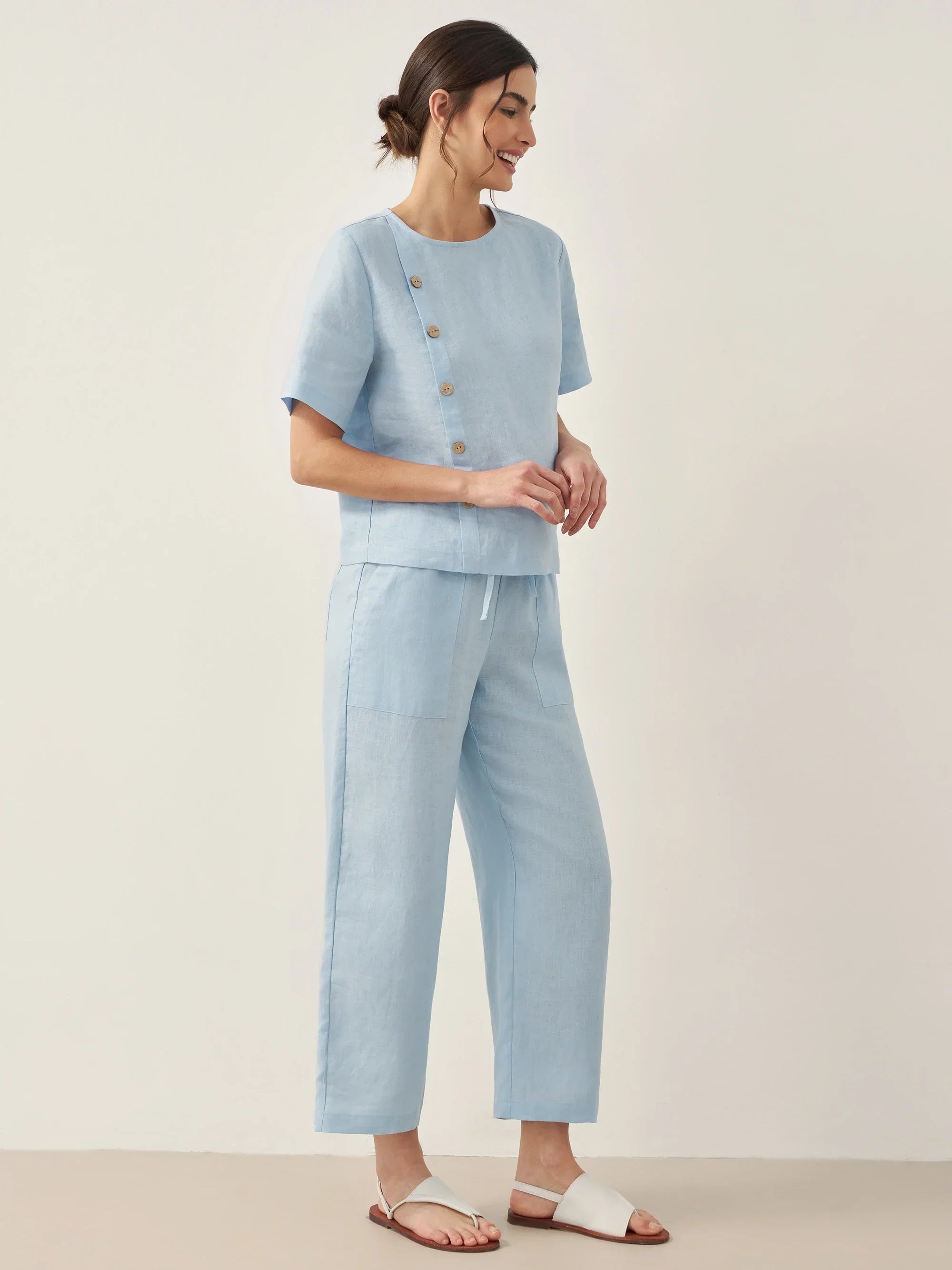 100% Leinen Kurzarm Rundhals Knopfdetails Oberteil & Hose Set JOSIE